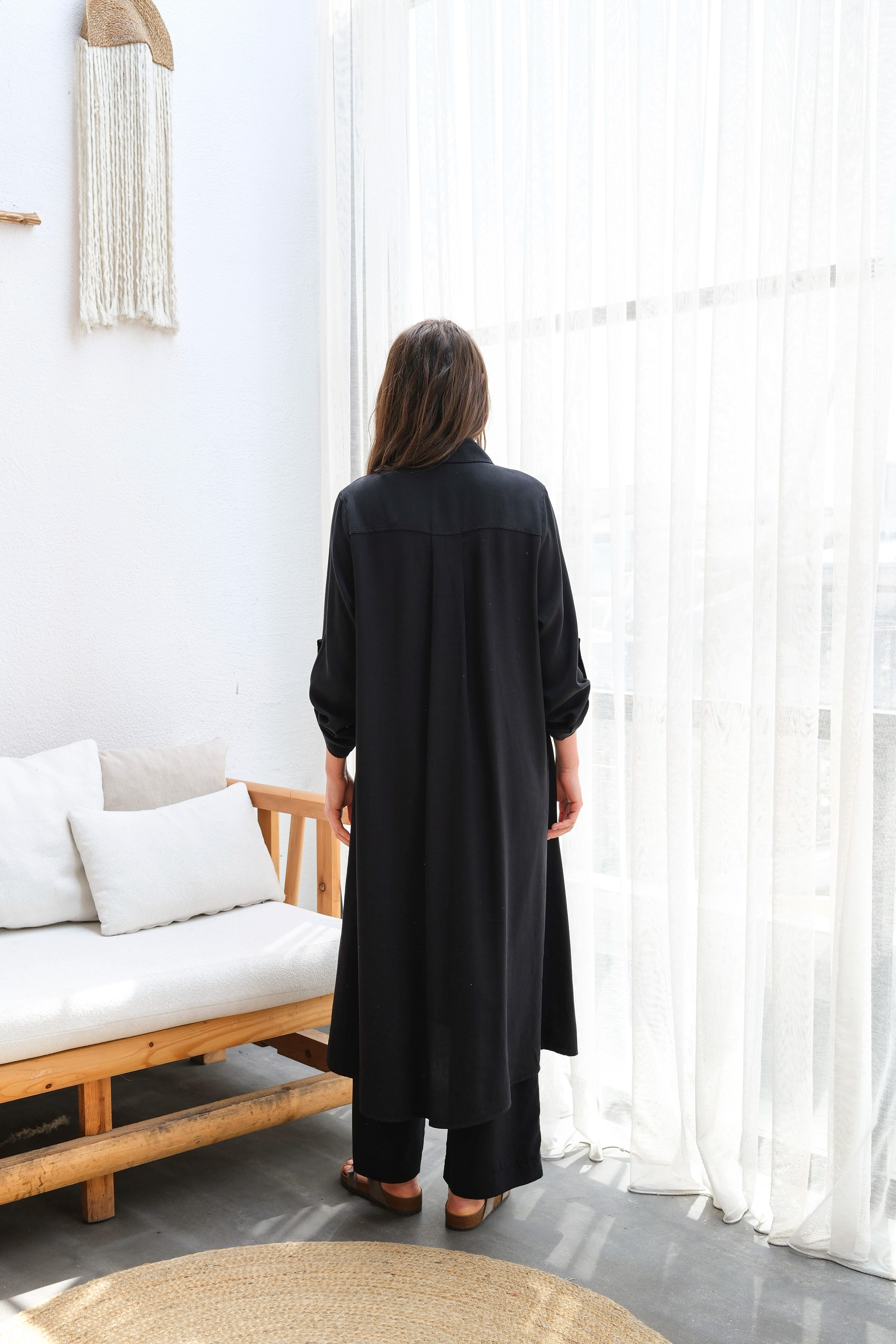 Toptan Tensel Kumaş Tuniği Uzun Düğmeli Battal Beden İkili Takım - SİYAH