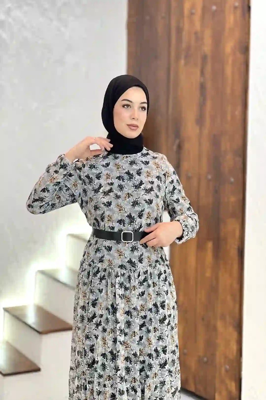 Toptan Şifon Kumaş Çiçek Desenli Kemerli Elbise