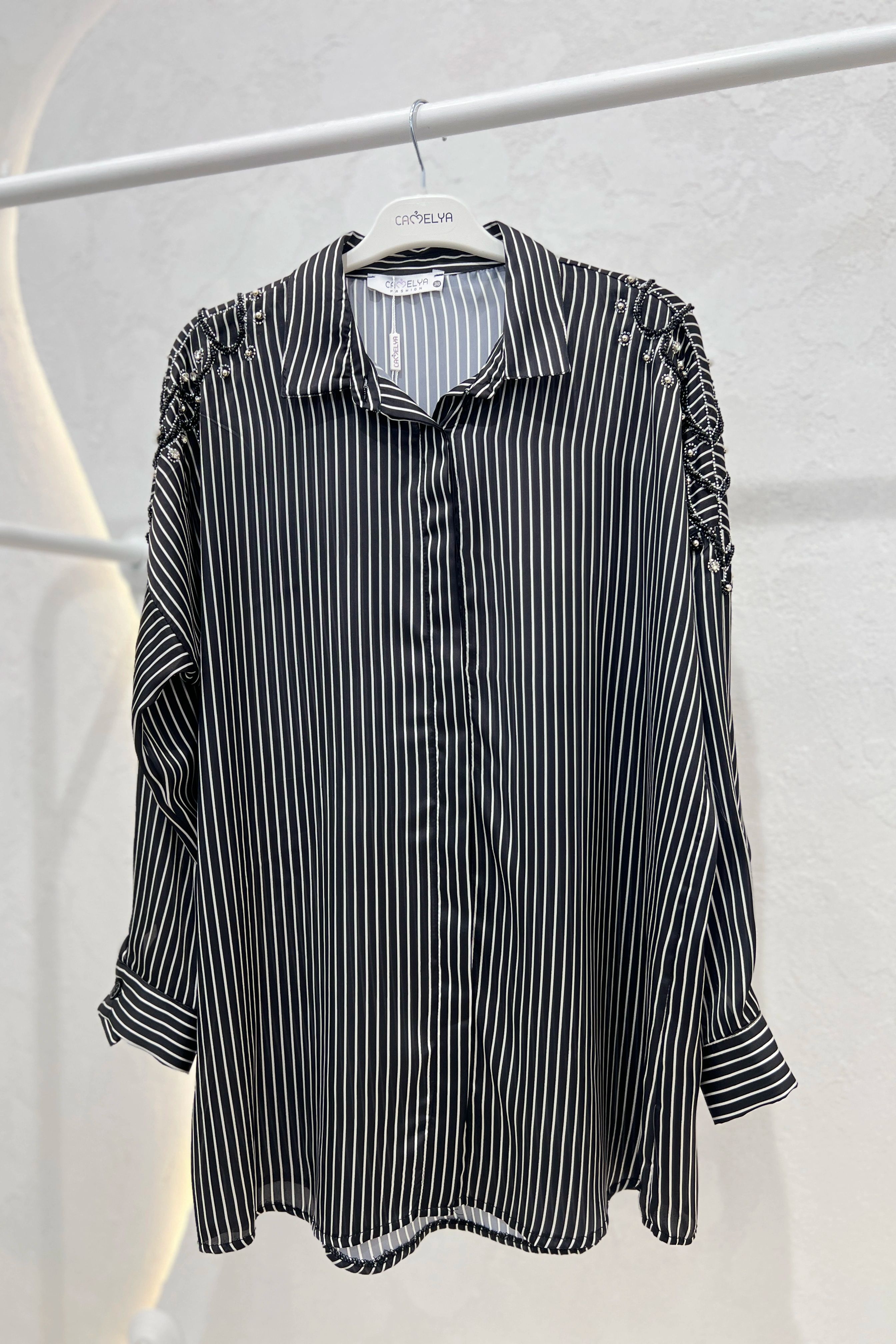 Wholesale Satin Fabric Shoulder Stone Embellished Shirt - 5309 Product Information - Black