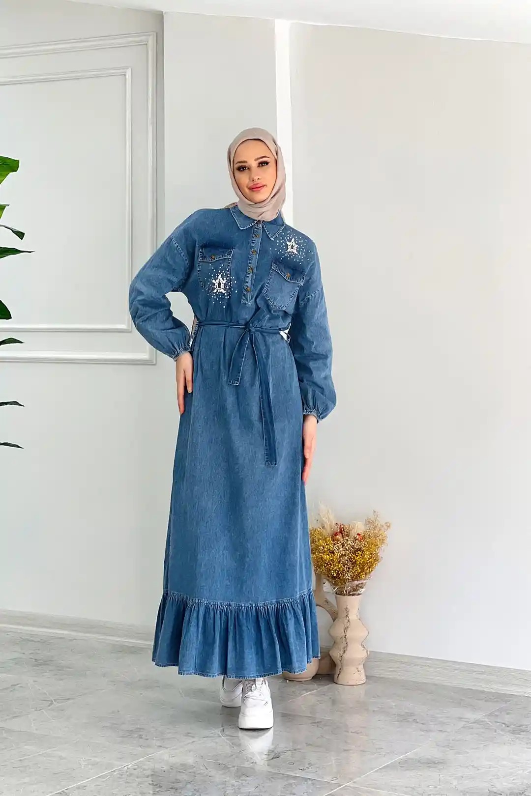 Wholesale Denim Fabric Drawstring Waist Stone Detailed Dress - Dark Blue Denim