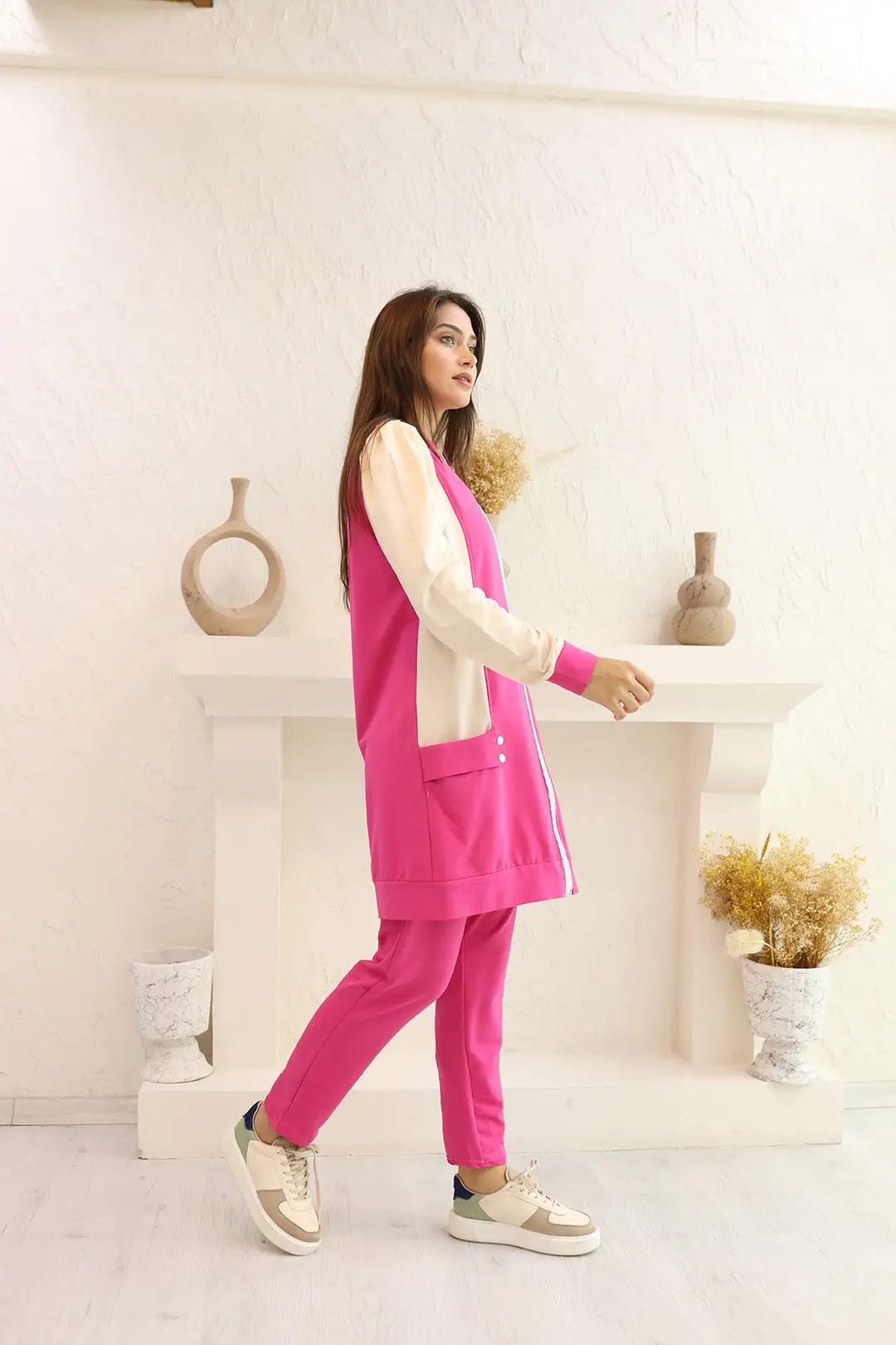 Wholesale Two-Thread Fabric Front Zippered Sporty Two-Piece Suit - Fuchsia