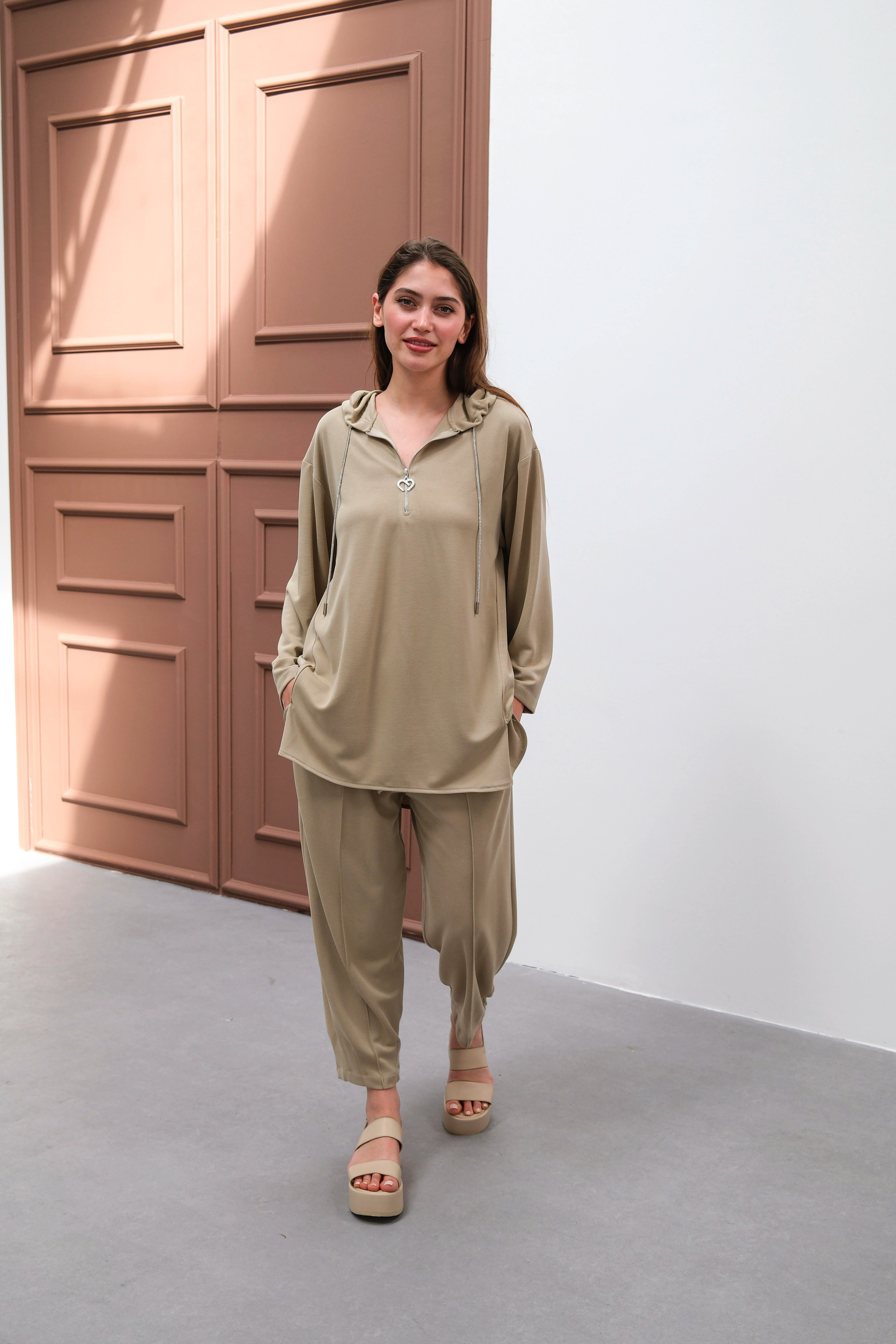 Wholesale Ecem Fabric Half Zipper Hooded Two Piece Suit - 10663 Product Information - Mink