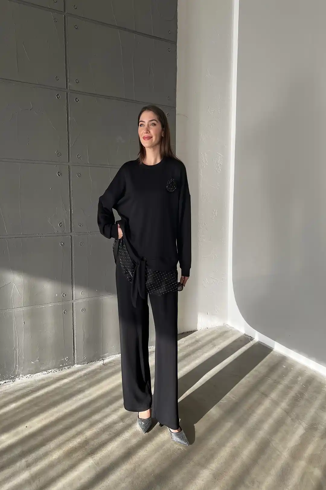 Wholesale Oysho Fabric Rose Detailed Two Piece Suit - 10592 - Black