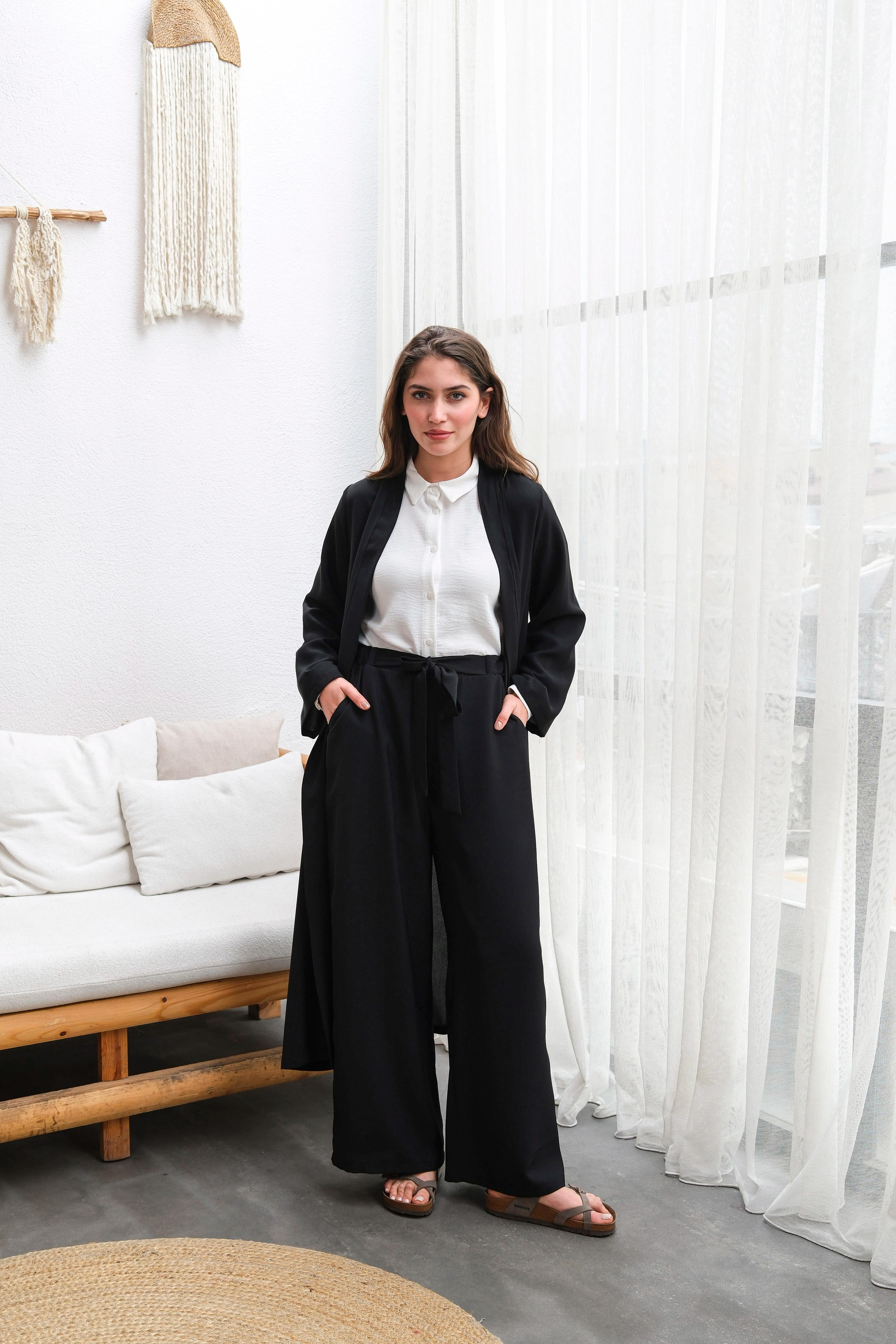 Wholesale Thin Crepe Fabric Belted Double Size Double Suit - b10634 Product Information - Black