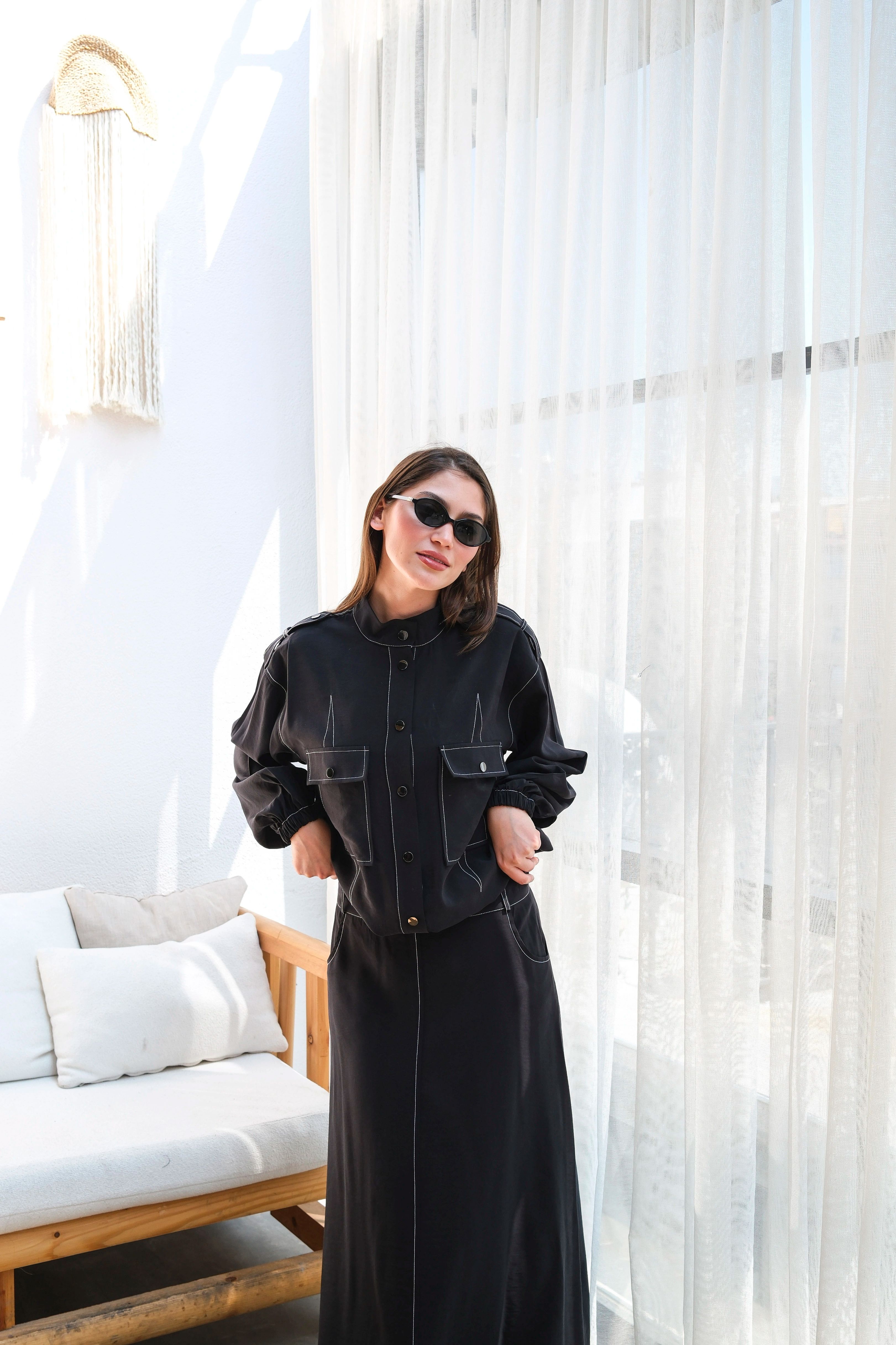 Wholesale Modal Fabric Jacket Waist Elastic Double Skirt Set - 8207 Product Information