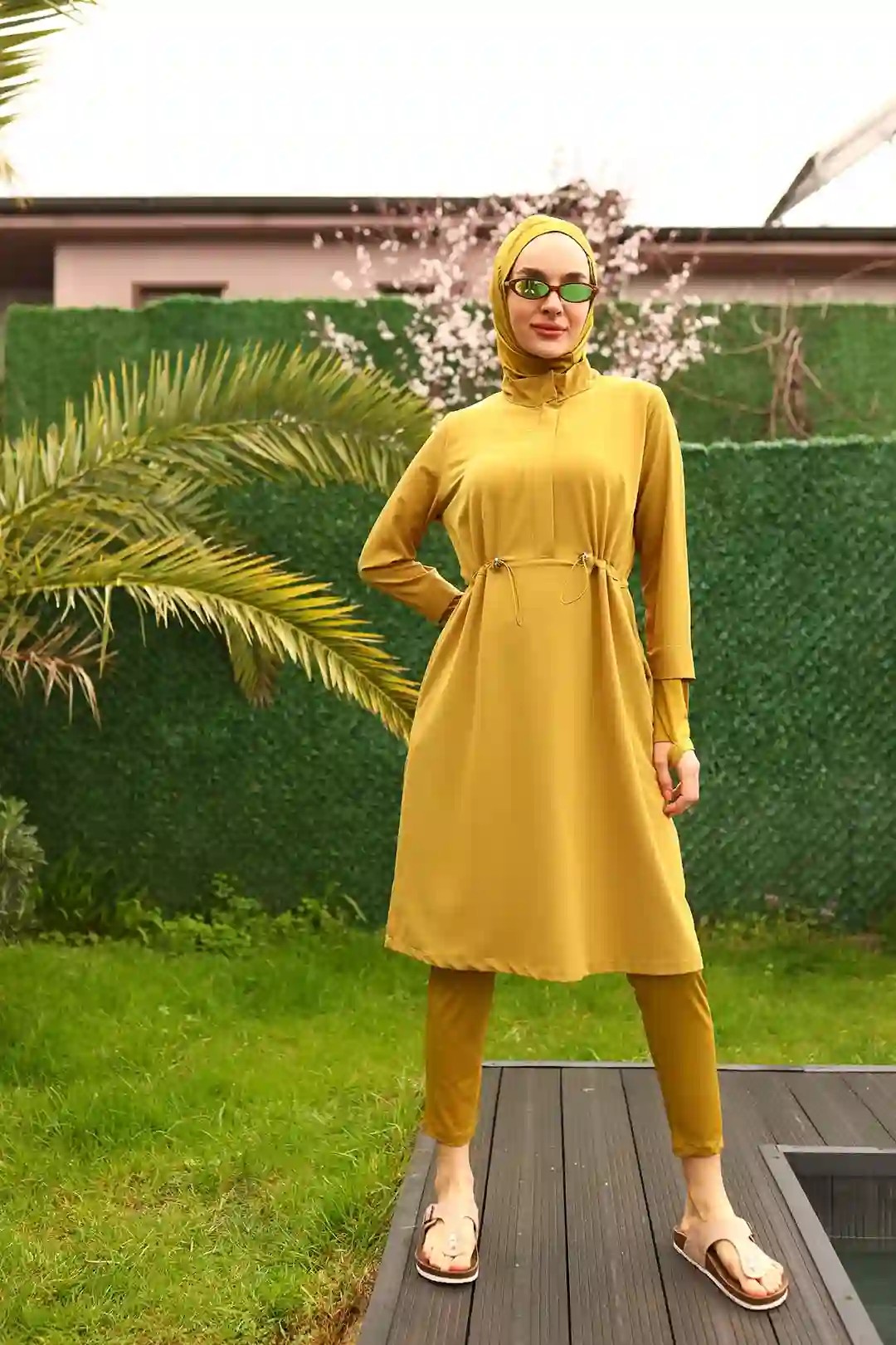 Toptan Polyester Elastan Kumaş Beli Büzgülü Cepleri Fileli Üçlü Tesettür Mayo