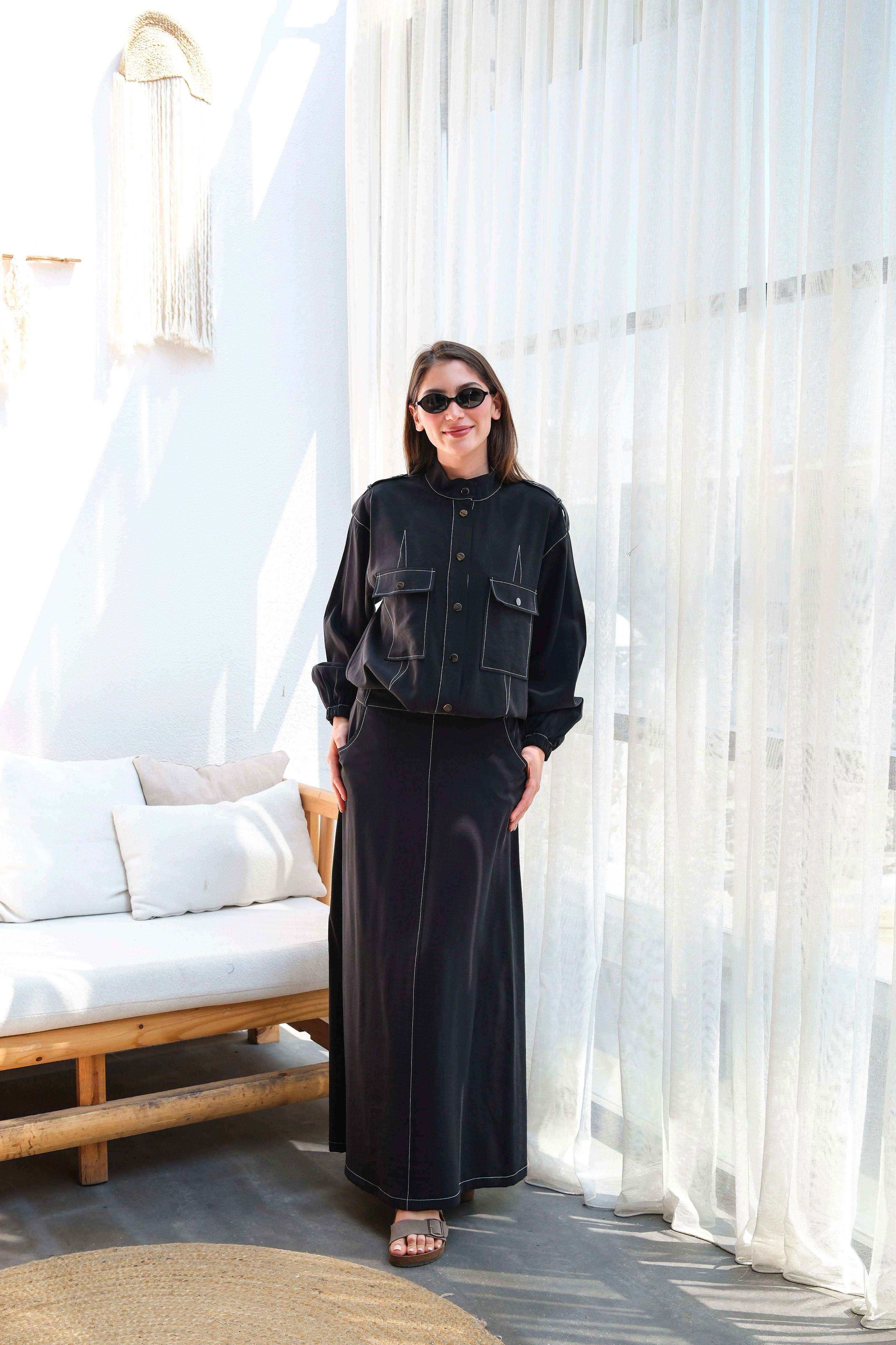 Wholesale Modal Fabric Jacket Waist Elastic Double Skirt Set - 8207 Product Information