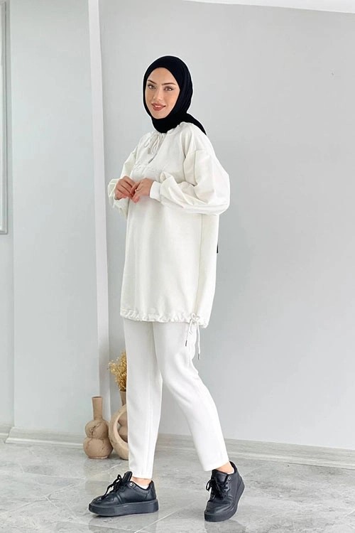 Wholesale Two-Thread Fabric Drawstring Neck Low Sleeve Tunic - Ecru