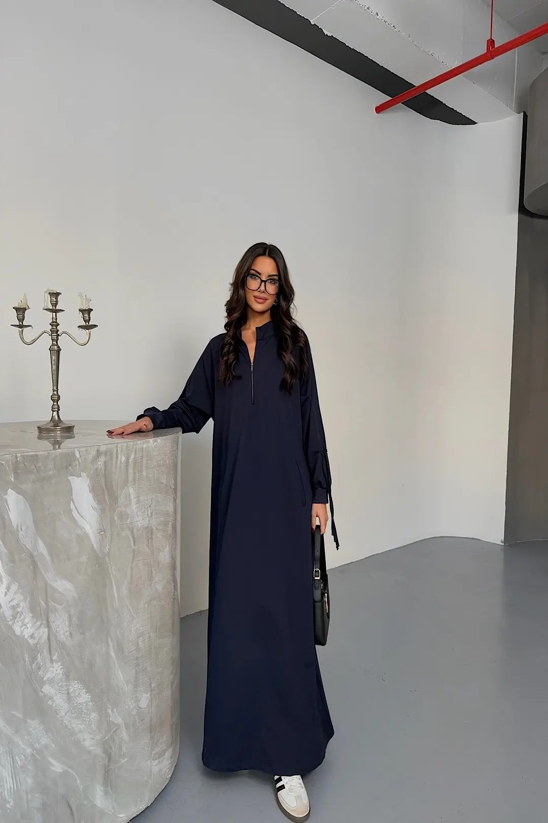 İki İplik Kumaş Kolları Şerit Detaylı Battal Beden Elbise b3708