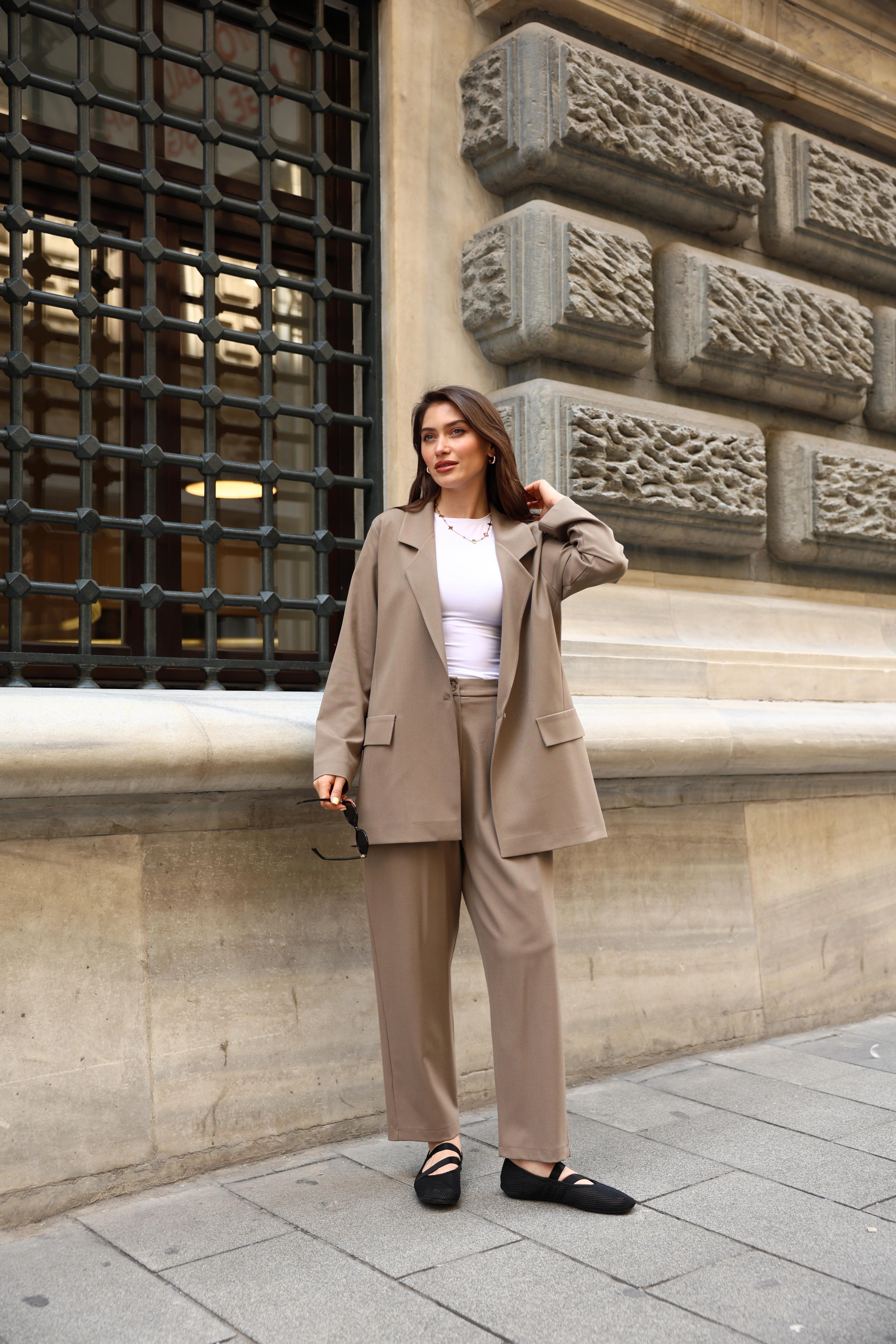 Toptan İthal Keten Kumaş Blazer Ceketli İkili Takım - KAHVE