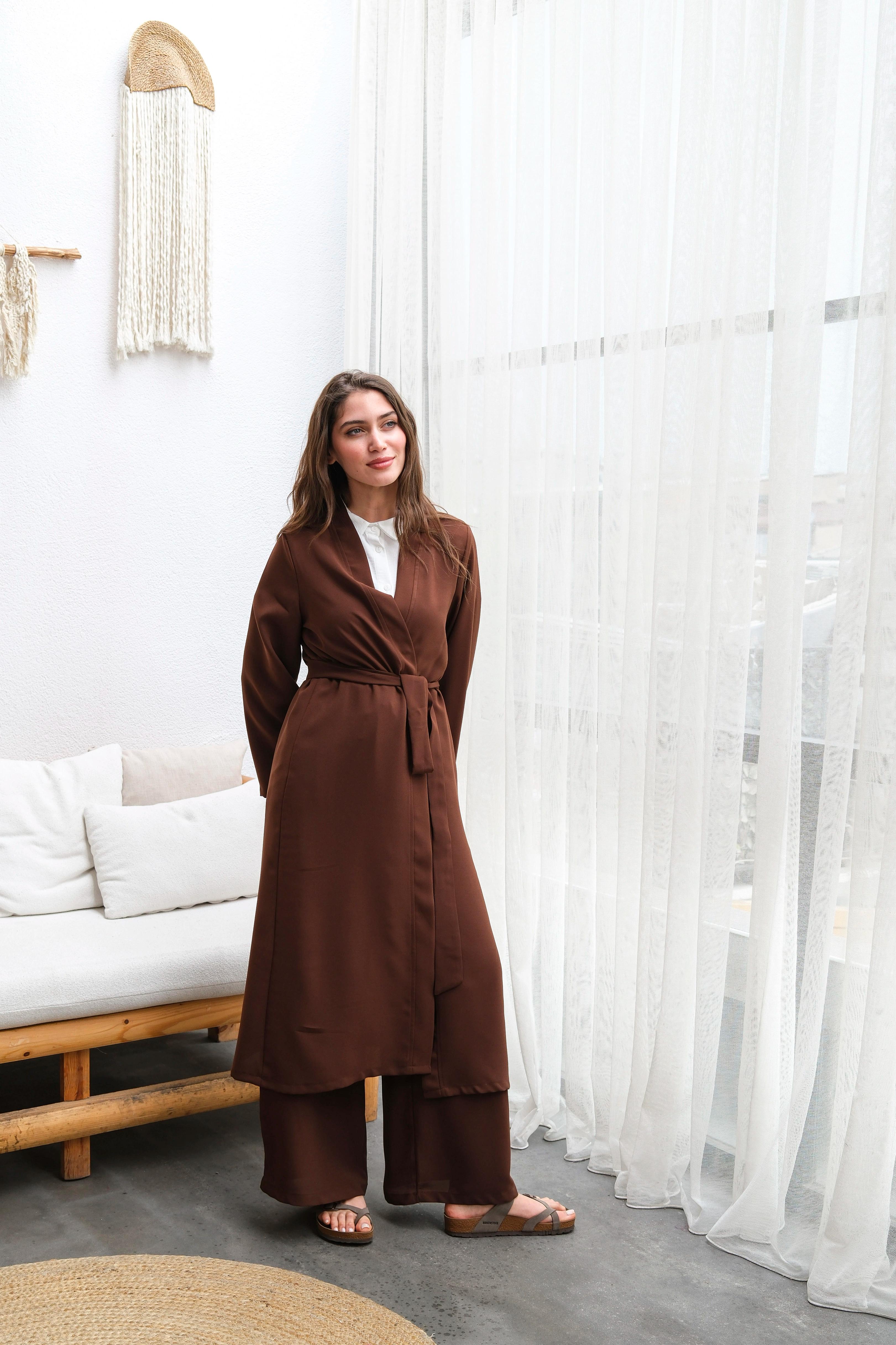 Wholesale Thin Crepe Fabric Belted Double Size Double Suit - b10634 Product Information - Brown