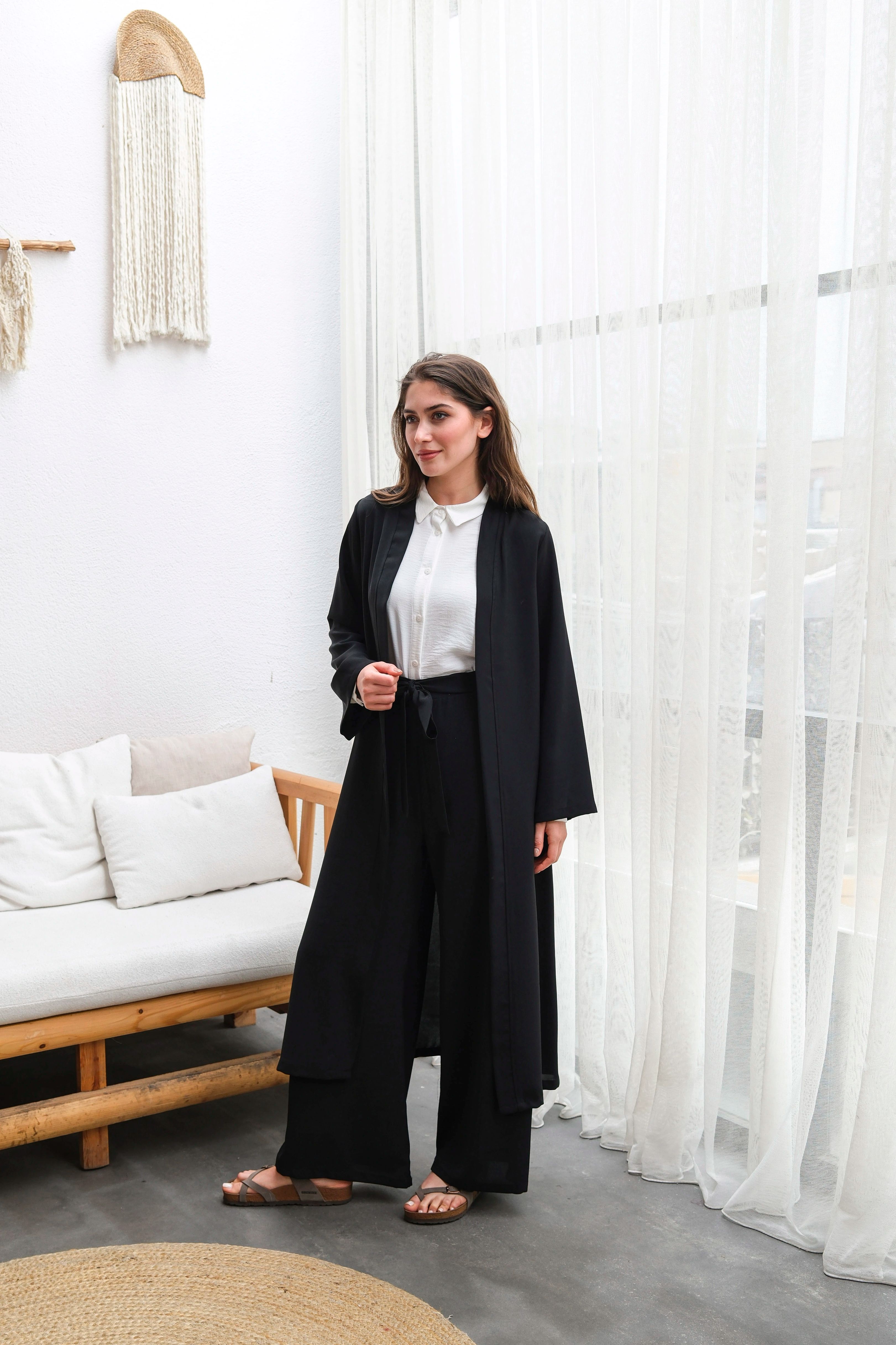 Wholesale Thin Crepe Fabric Belted Double Size Double Suit - b10634 Product Information - Black