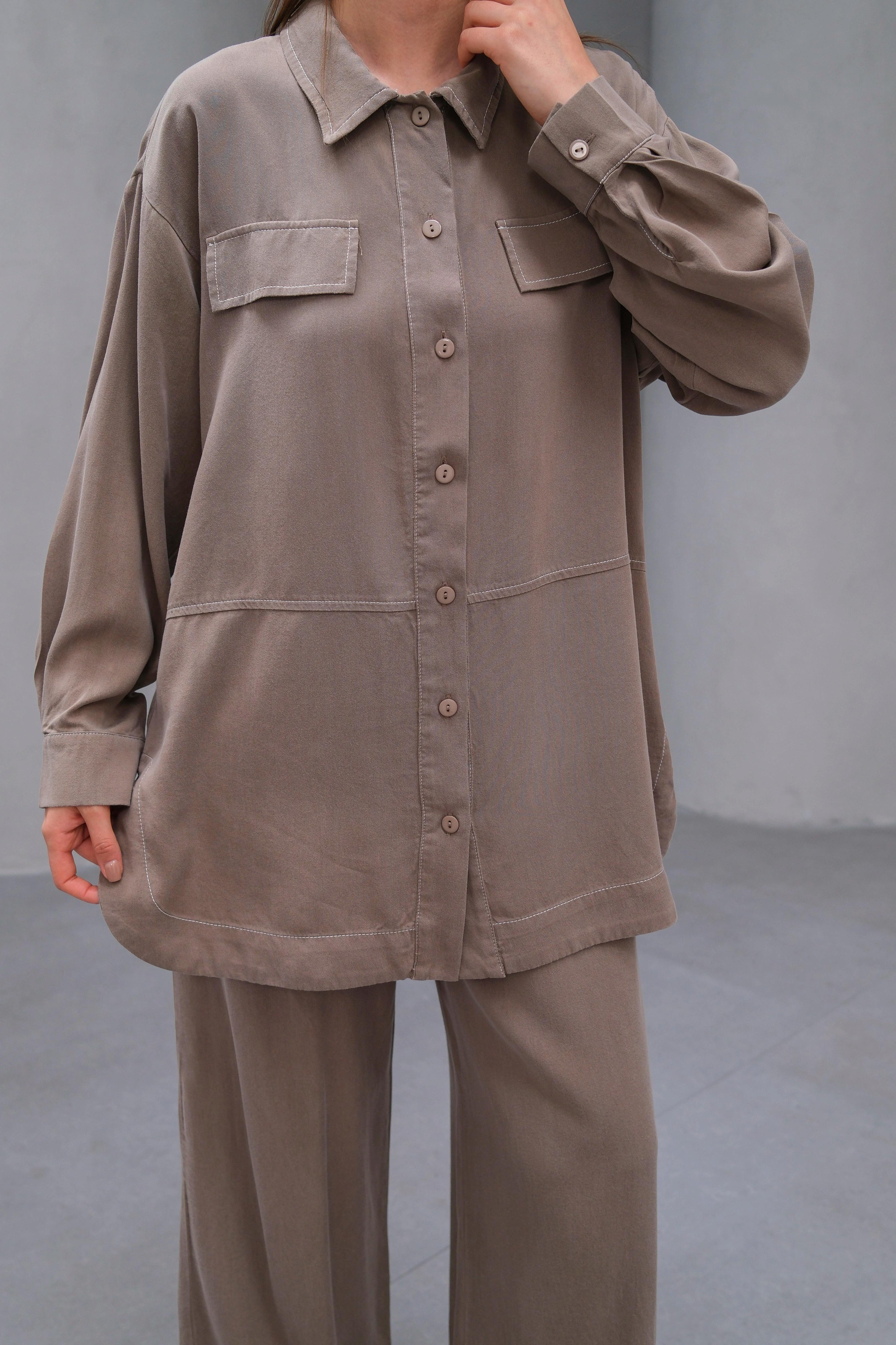 Wholesale Tencel Fabric Buttoned Flap Pocket Two Piece Suit - 10644 Product Information - Mink