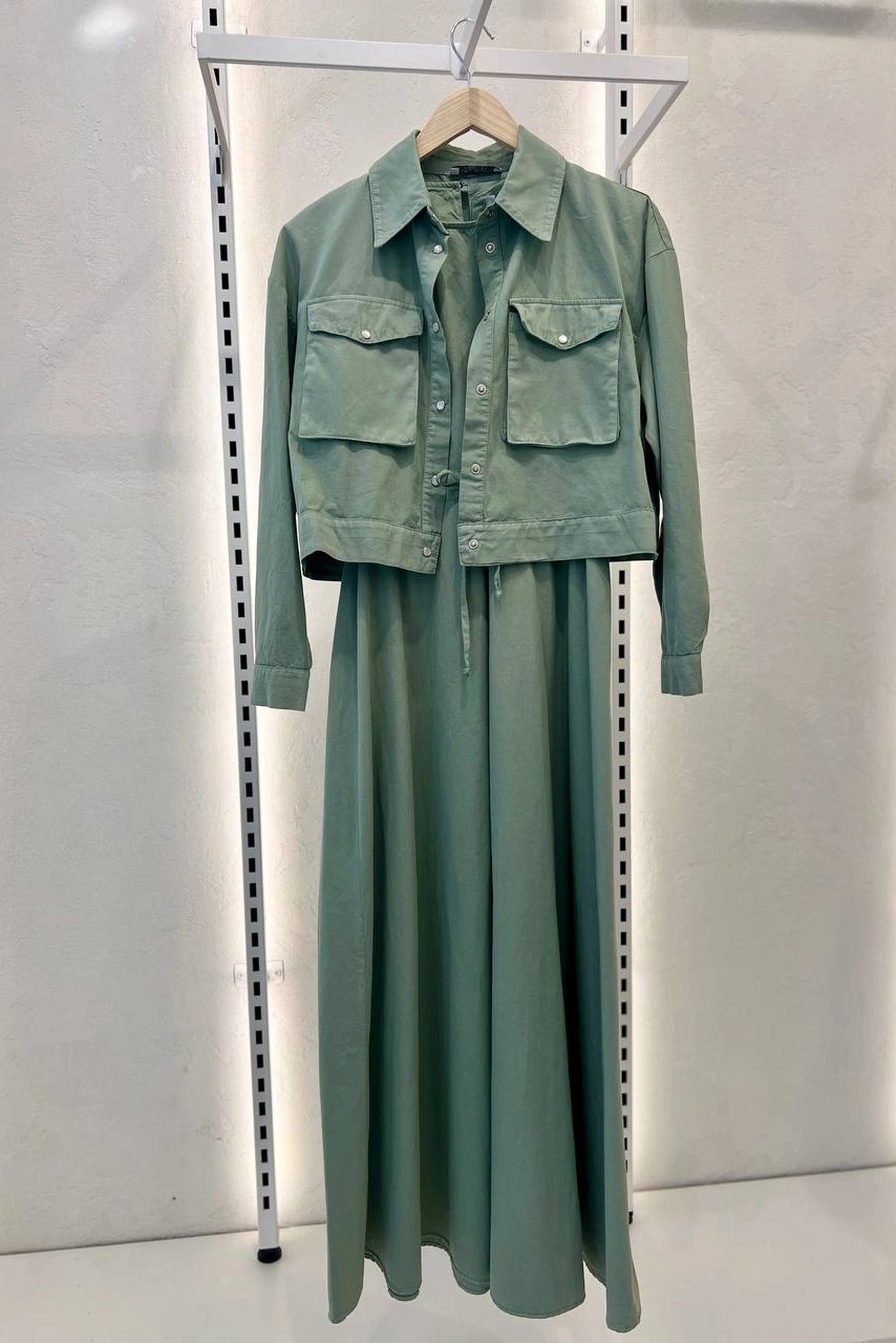 Toptan İnce Kot Kumaş Ceketi Çıtçıtlı İkili Elbise - Mint Green