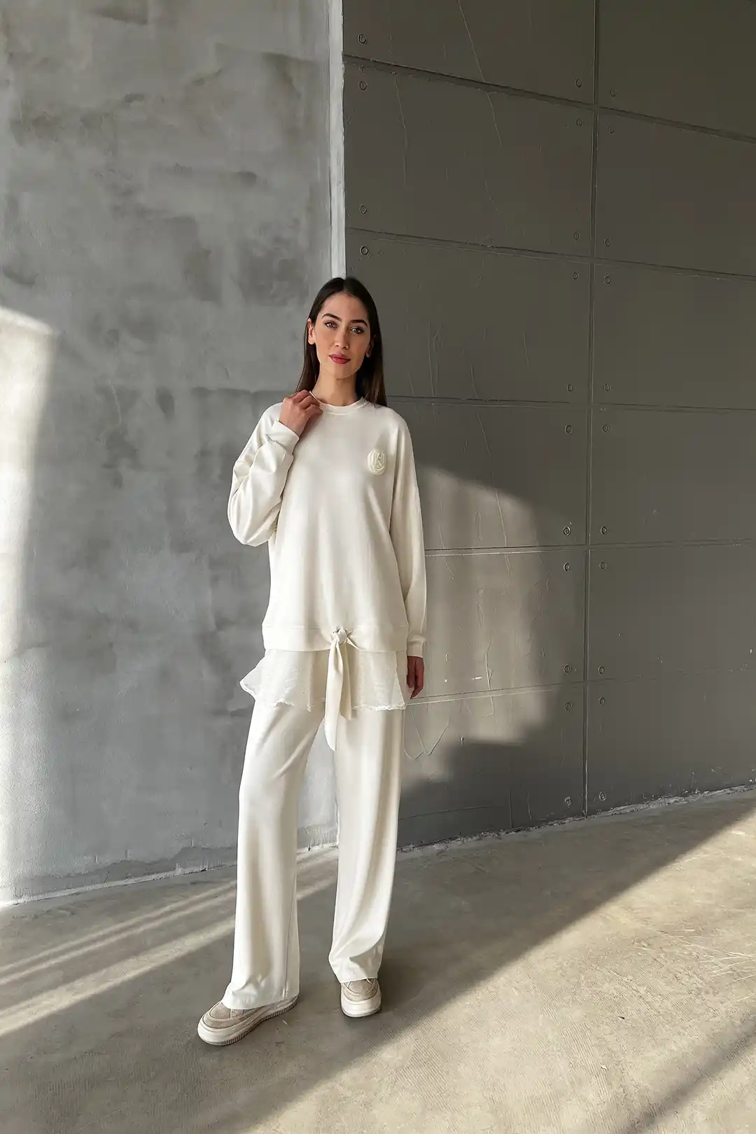 Wholesale Oysho Fabric Rose Detailed Two Piece Suit - 10592 - Ecru