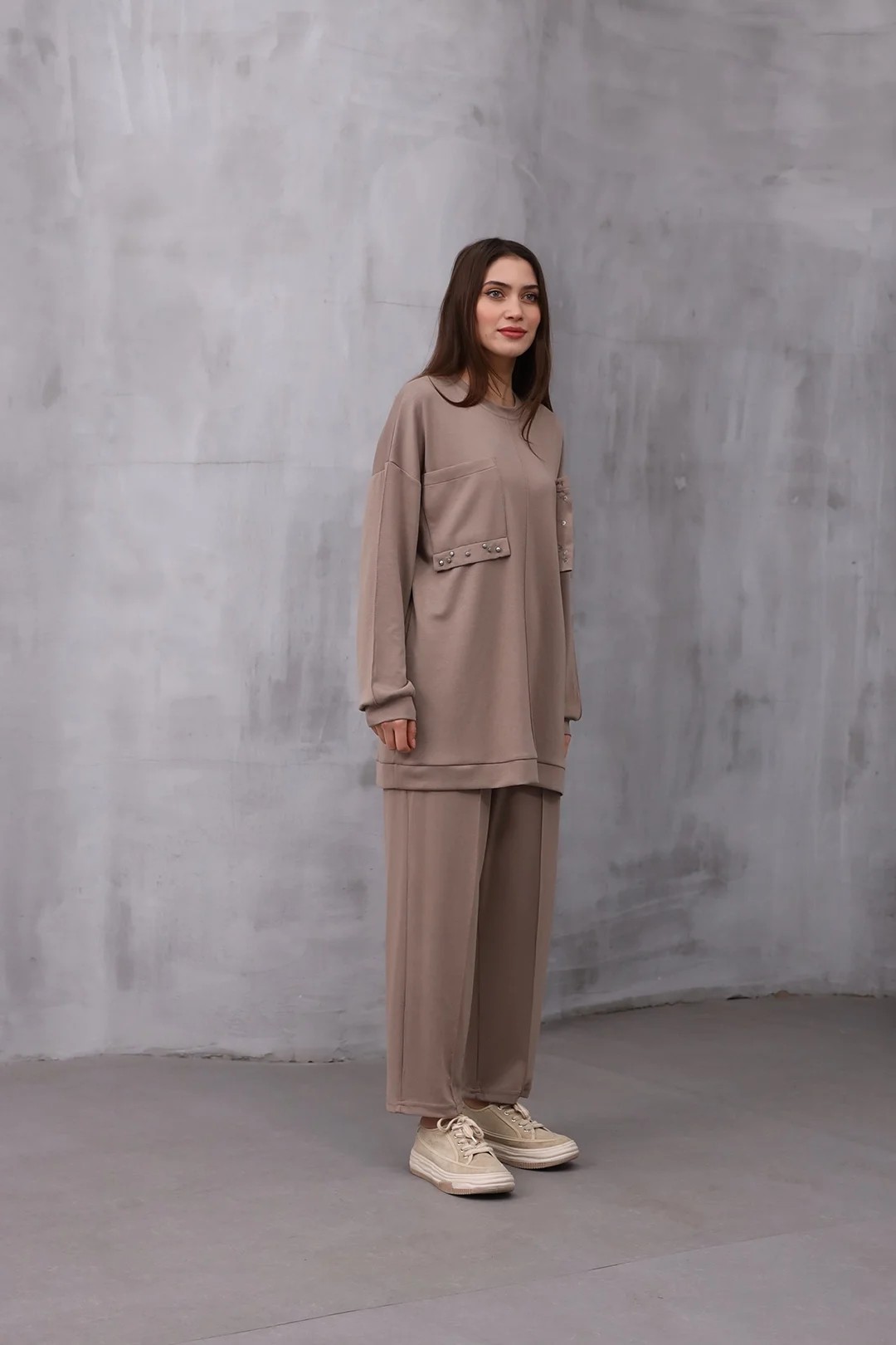 Оптовая продажа Oysho Fabric Pocket Detailed Two Piece Suit - 10543 - Визон