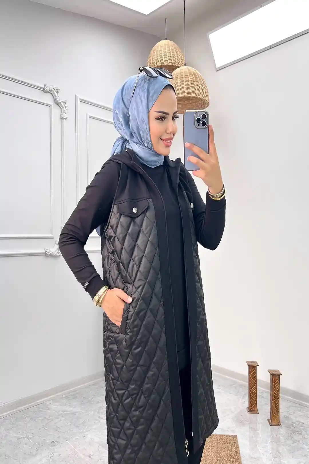 Toptan İki İplik Kapitone Kumaş Önü Fermuarlı Kapüşonlu Üçlü Takım - SİYAH
