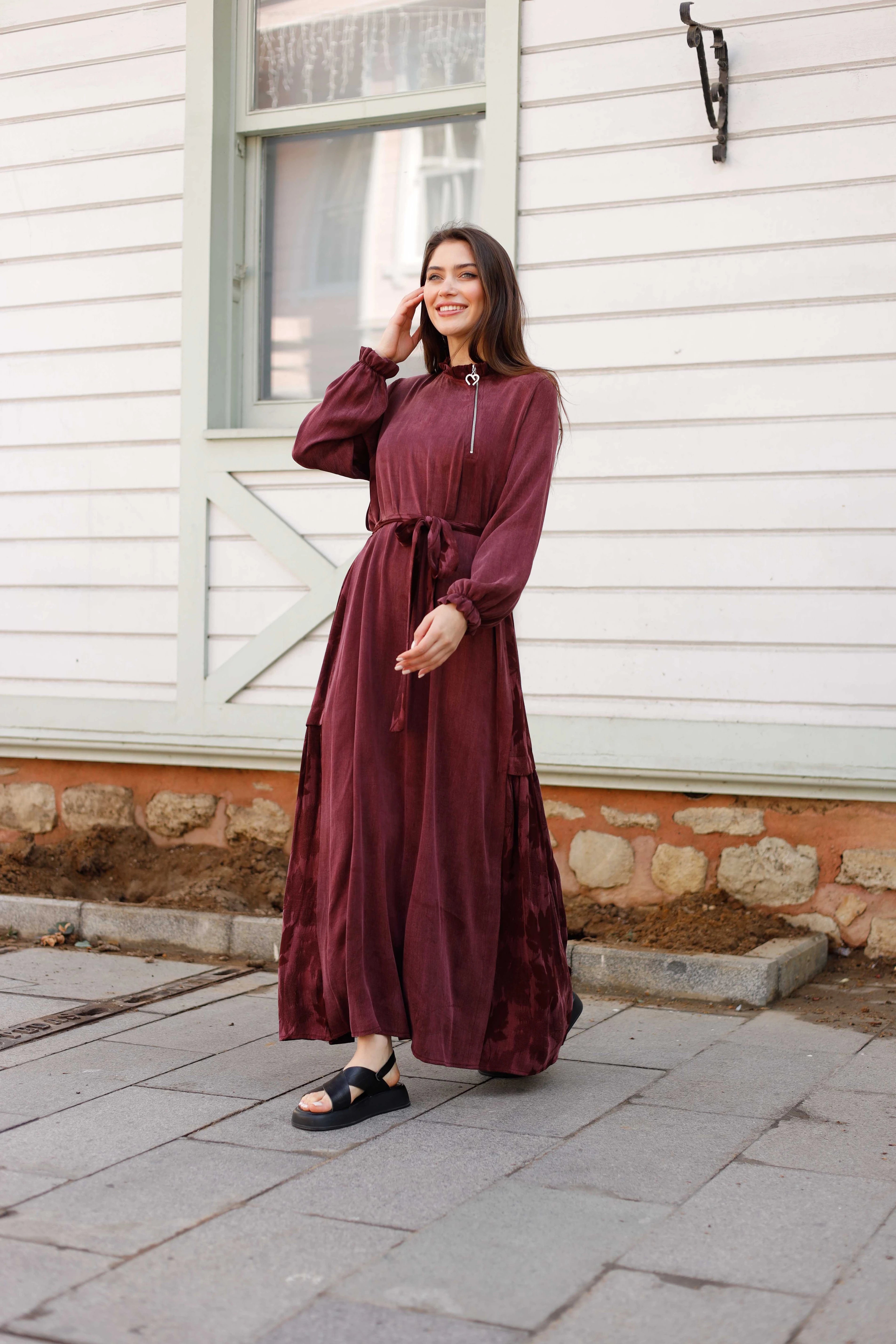 Wholesale Cupra Fabric Leaf Patterned Dress - 3716 - Burgundy