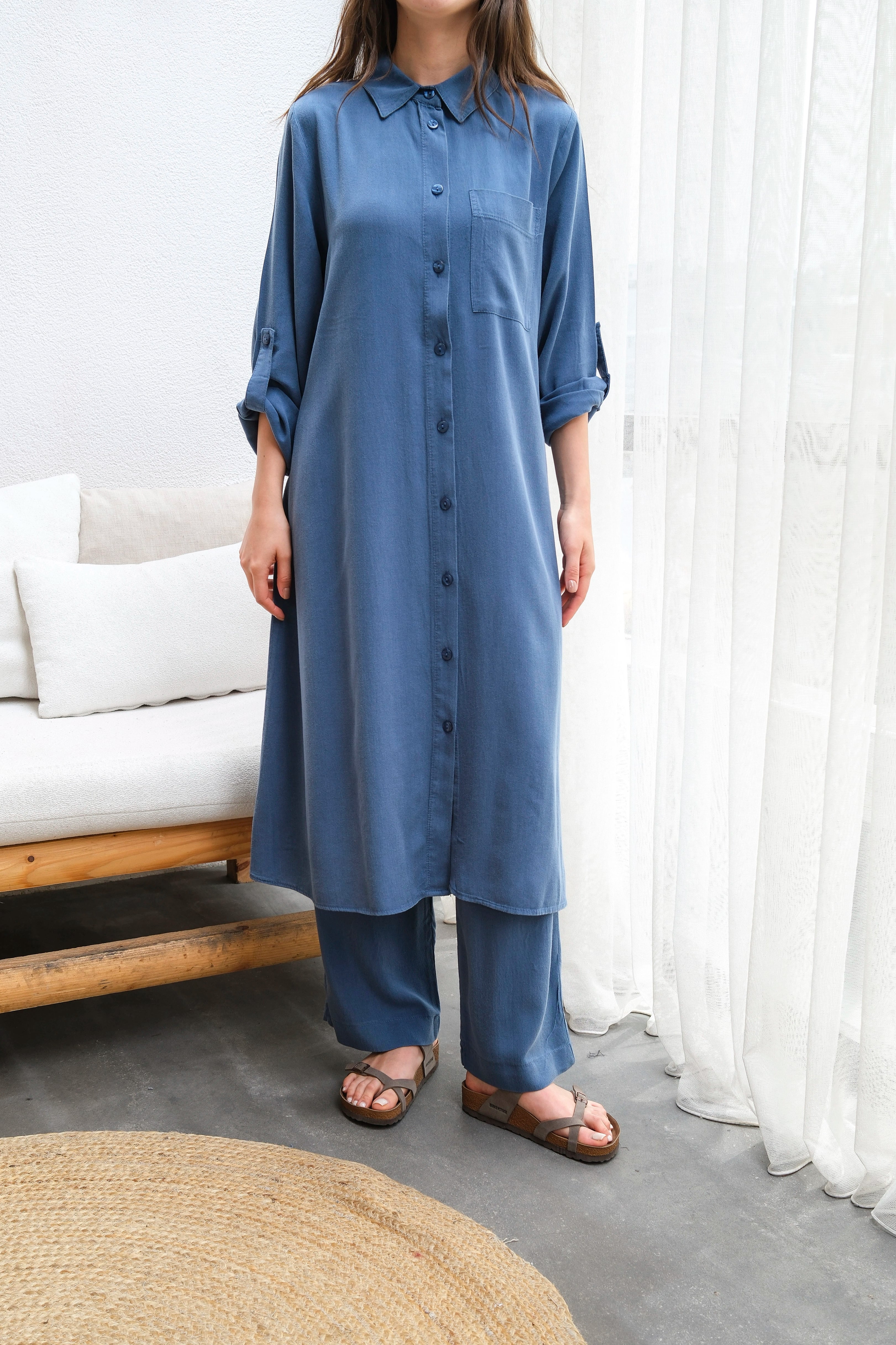 Toptan Tensel Kumaş Tuniği Uzun Düğmeli Battal Beden İkili Takım - LACİVERT