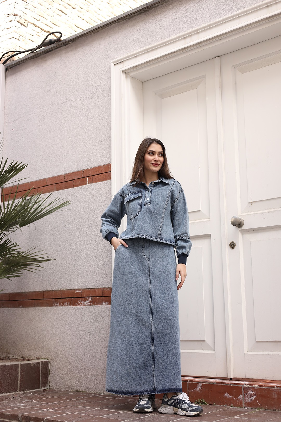 Wholesale Denim Fabric Double Skirt Set - 8201
