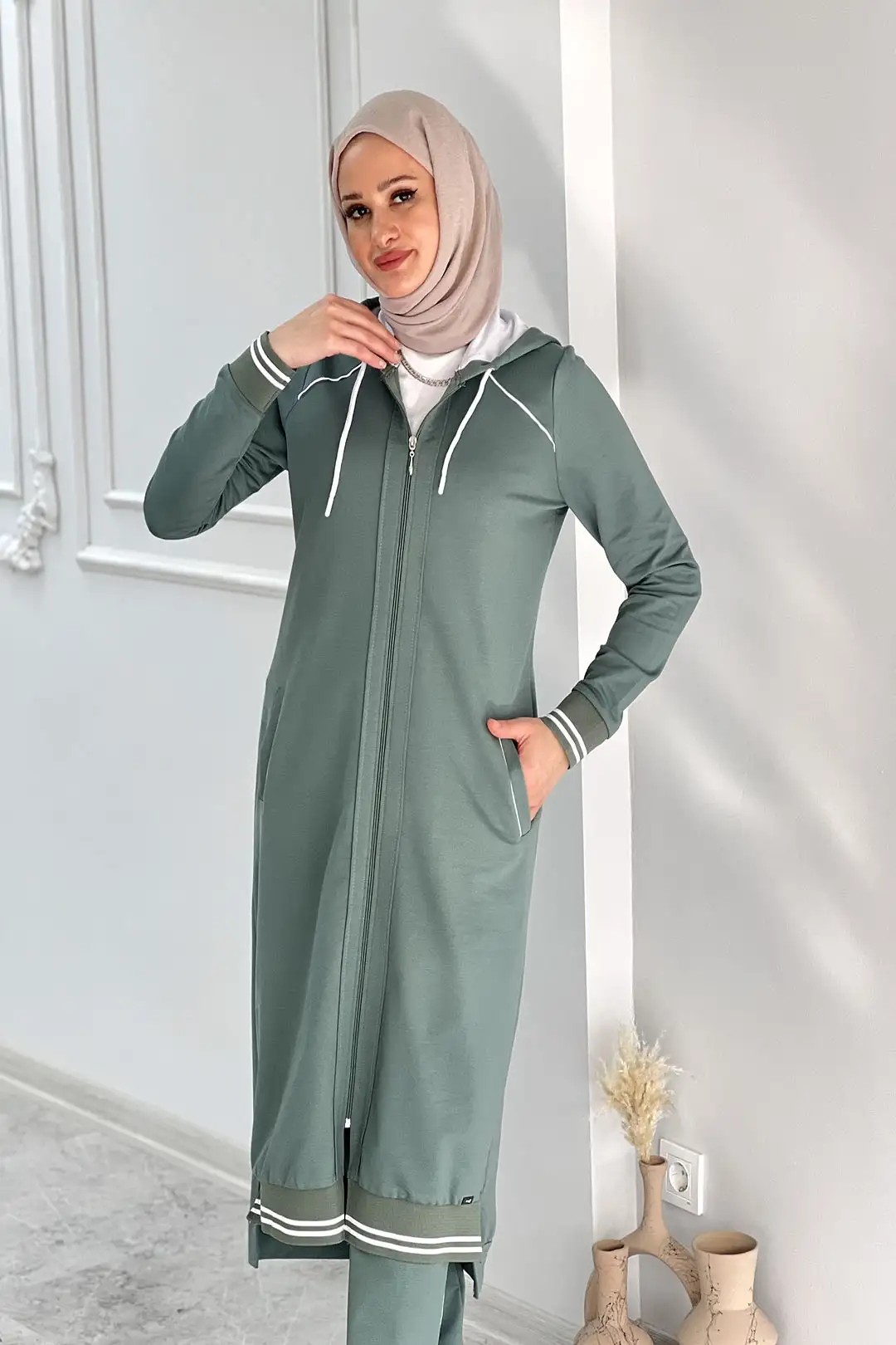 Wholesale Two-Thread Fabric Full Zippered Hooded Two-Piece Suit - Mint Green
