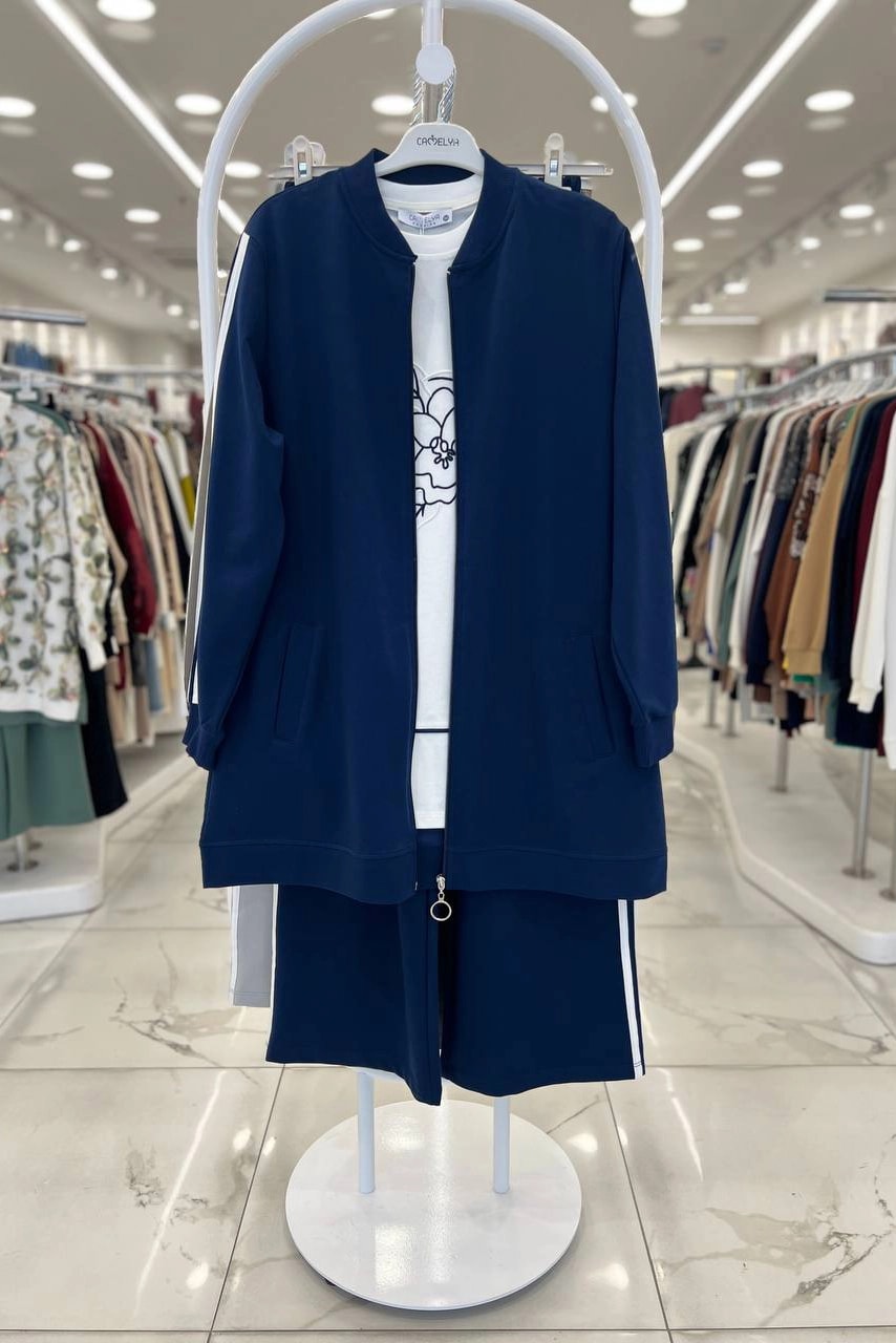 Toptan İki İplik Kumaş Şerit Detaylı Battal Beden Üçlü Takım