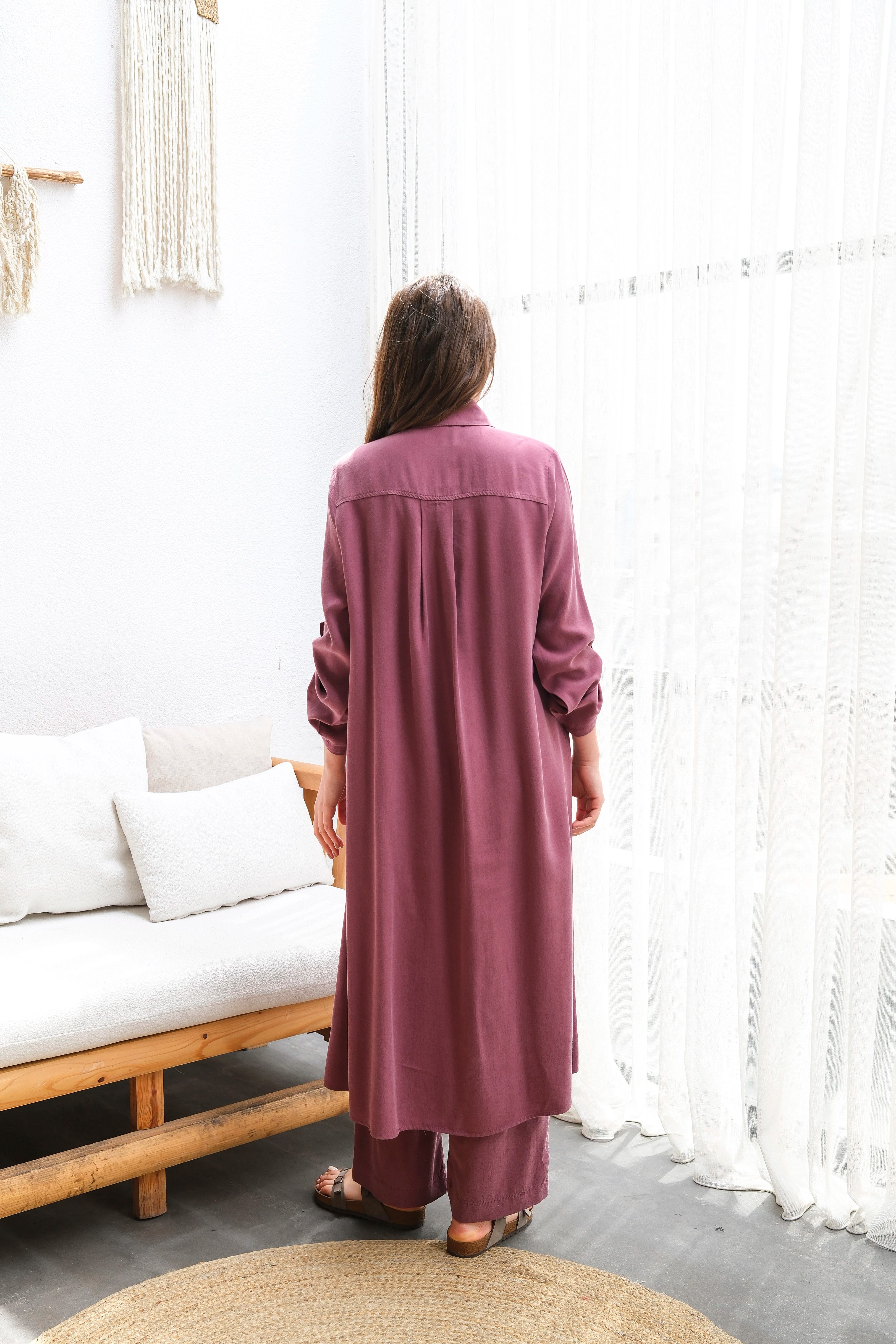 Toptan Tensel Kumaş Tuniği Uzun Düğmeli Battal Beden İkili Takım - BORDO