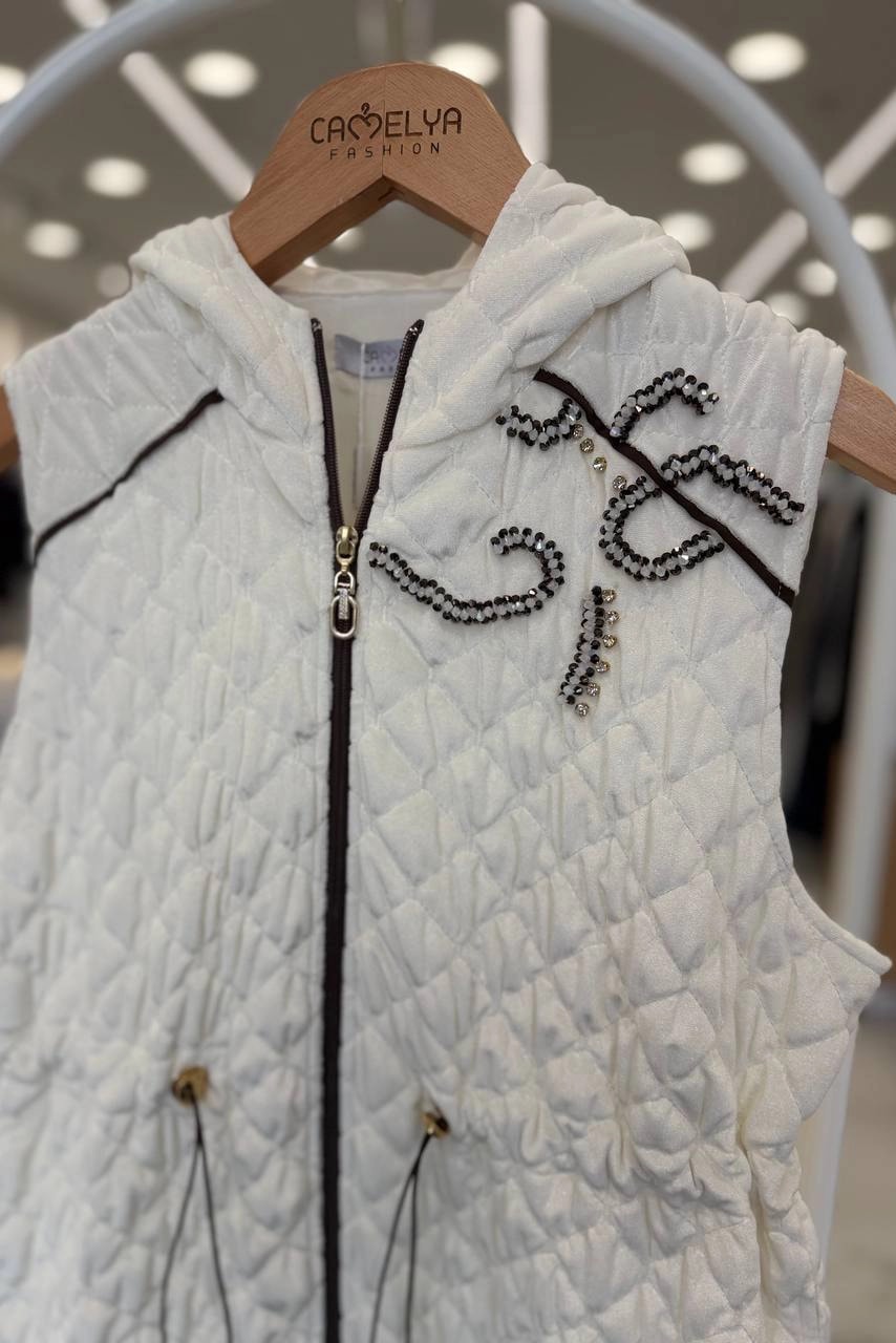 Toptan Kadife Kapitone Taş Detaylı Belden Lastikli Yelek