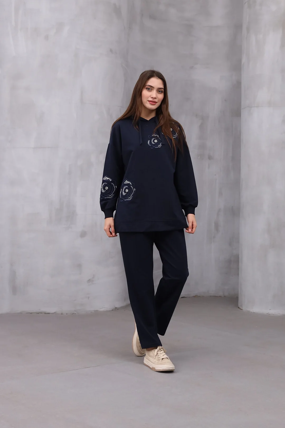 Wholesale Two Yarn Fabric Rose Patterned Two Piece Suit - 10597 - Navy Blue