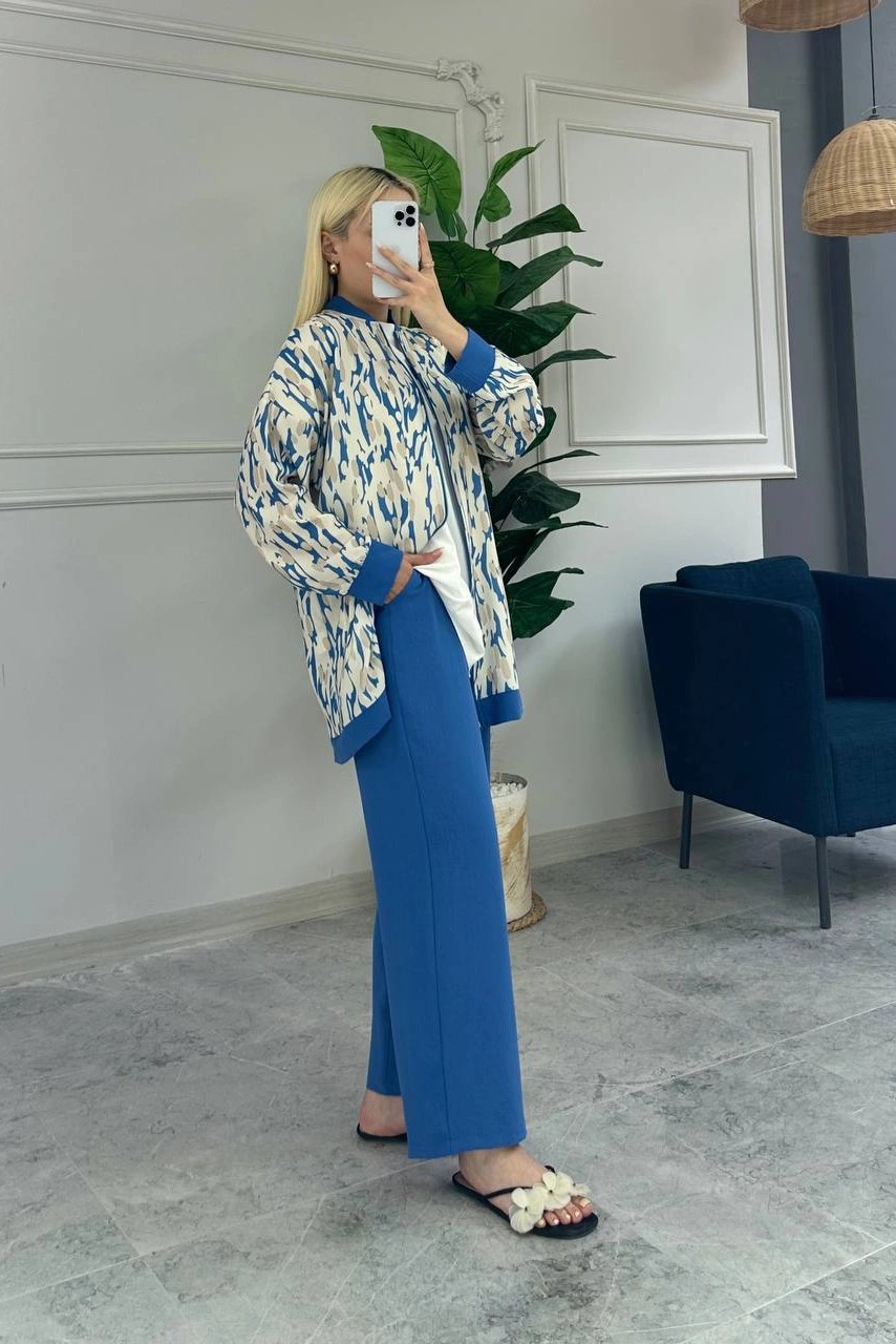 Wholesale Linda Fabric Patterned Zippered Three Piece Suit - 10689 Product Information - Blue
