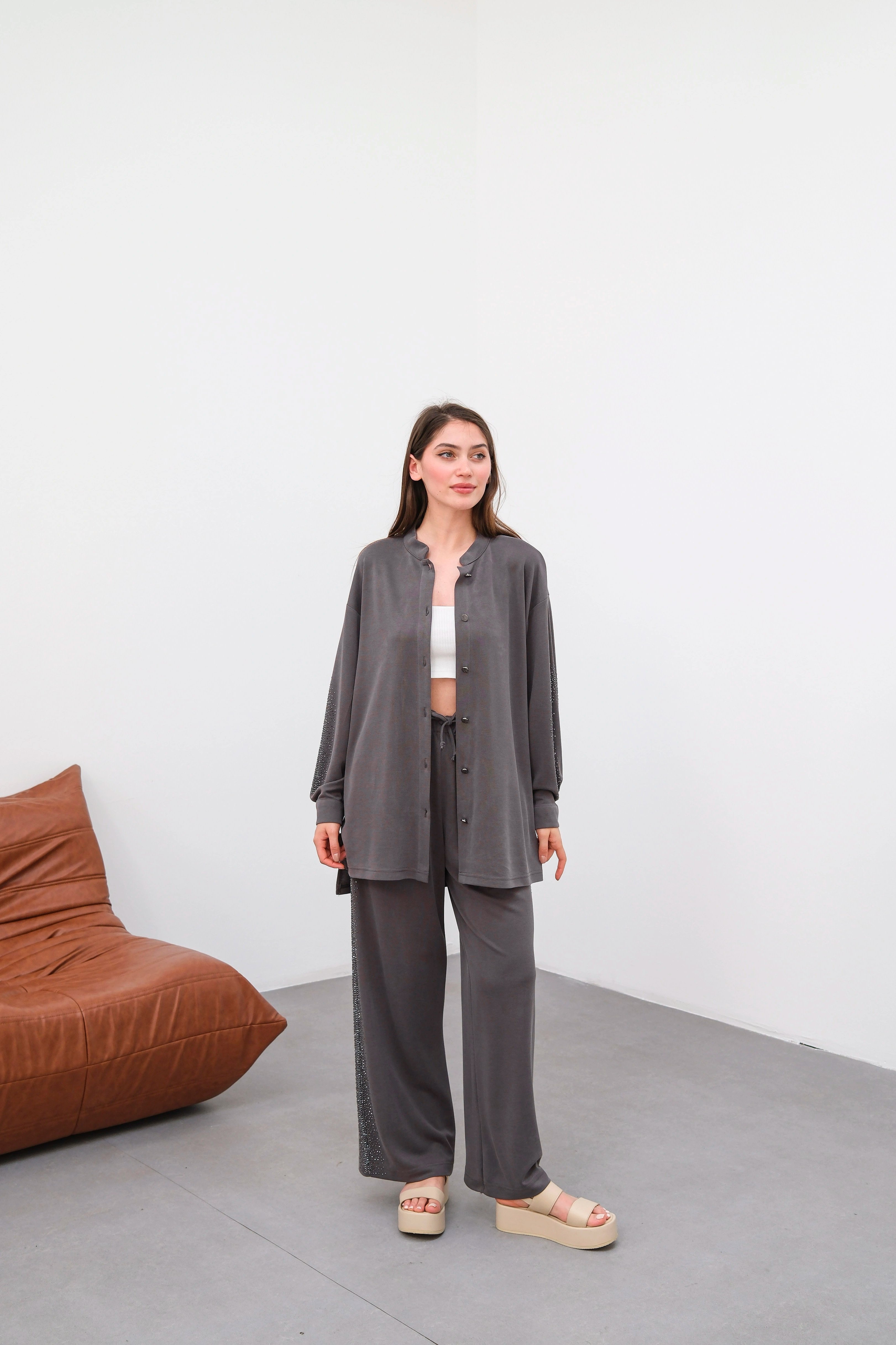 Wholesale Knitted Cupra Fabric Stone Embellished Two Piece Suit - 10657 Product Information - Smoke Gray