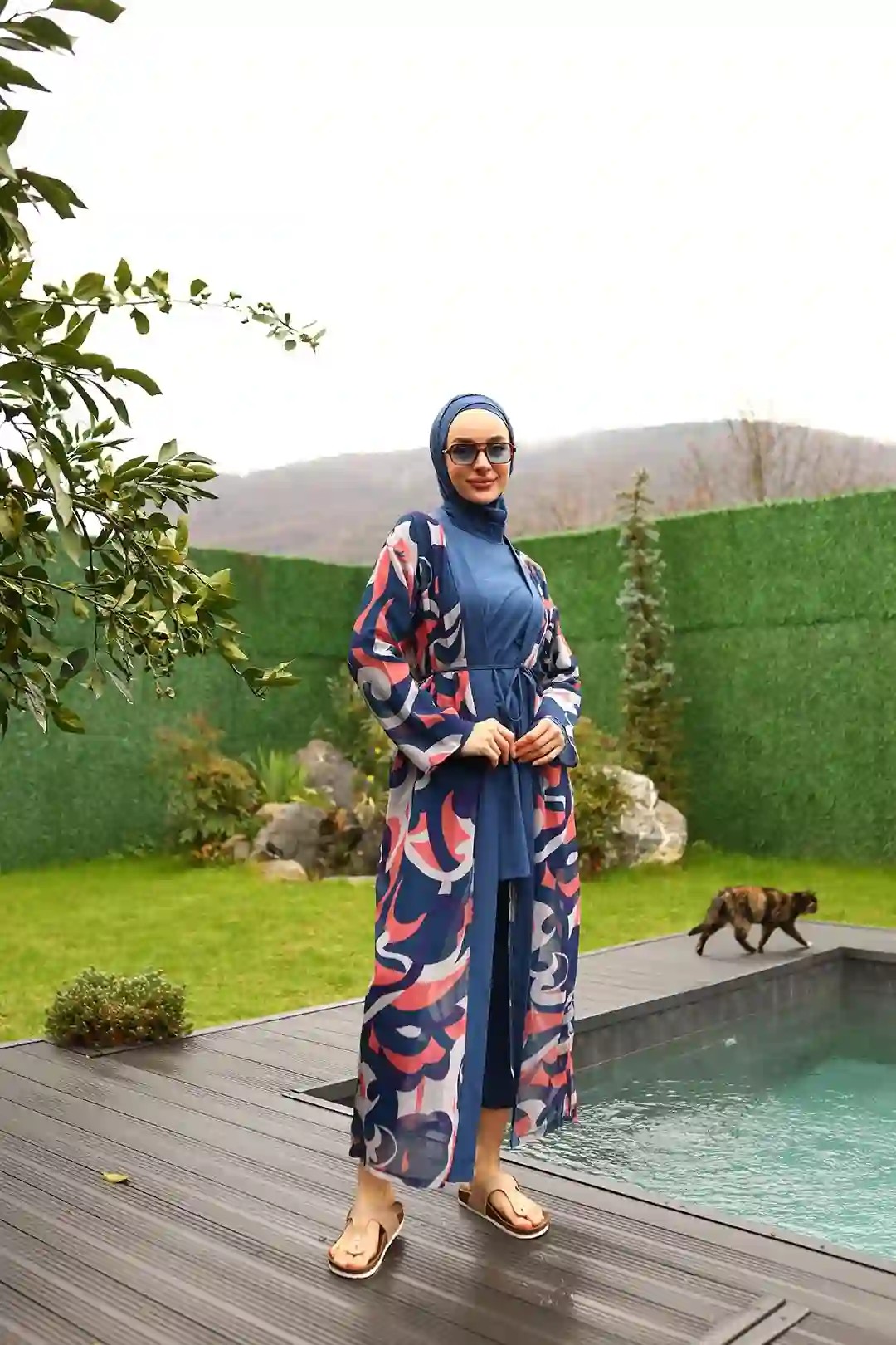 Toptan Polyester Elastan Desenli Beli İpli Dörtlü Tesettür Mayo - LACİVERT