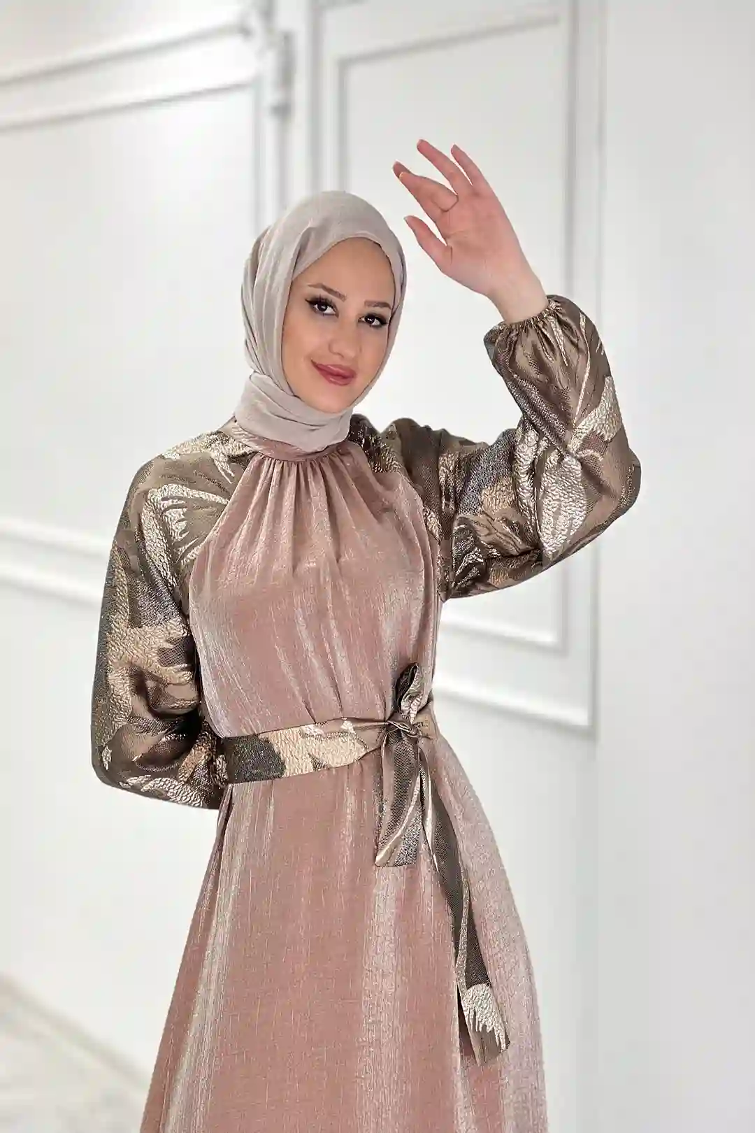 satin dress wholesale Wholesale Shiny Satin Fabric Low Sleeve Belted Dress - Brown - 38 (1) - 40 (1) - 42 (1) - 44 (1)