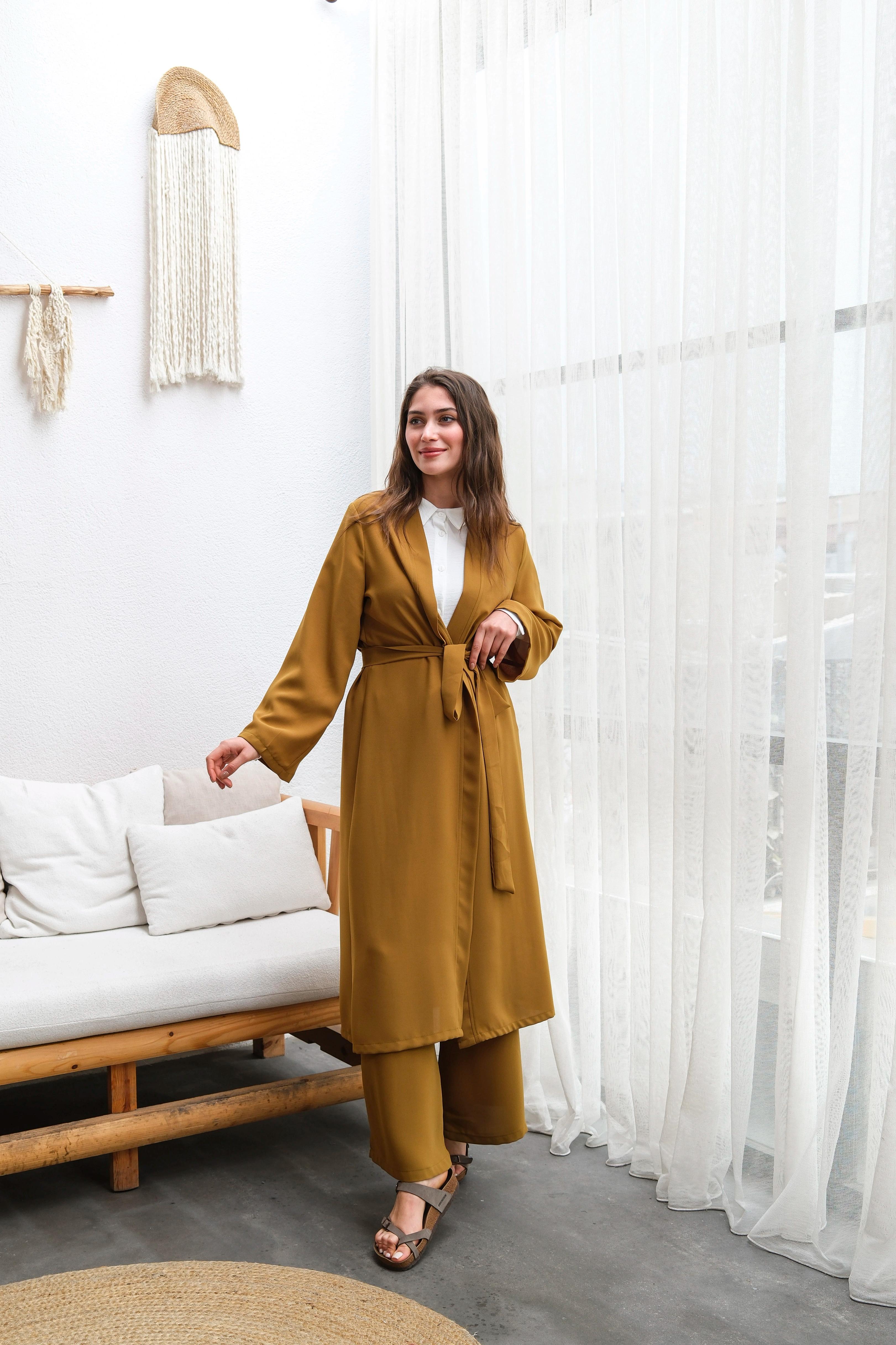 Wholesale Thin Crepe Fabric Belted Two Piece Suit - 10634 Product Information - Olive Green