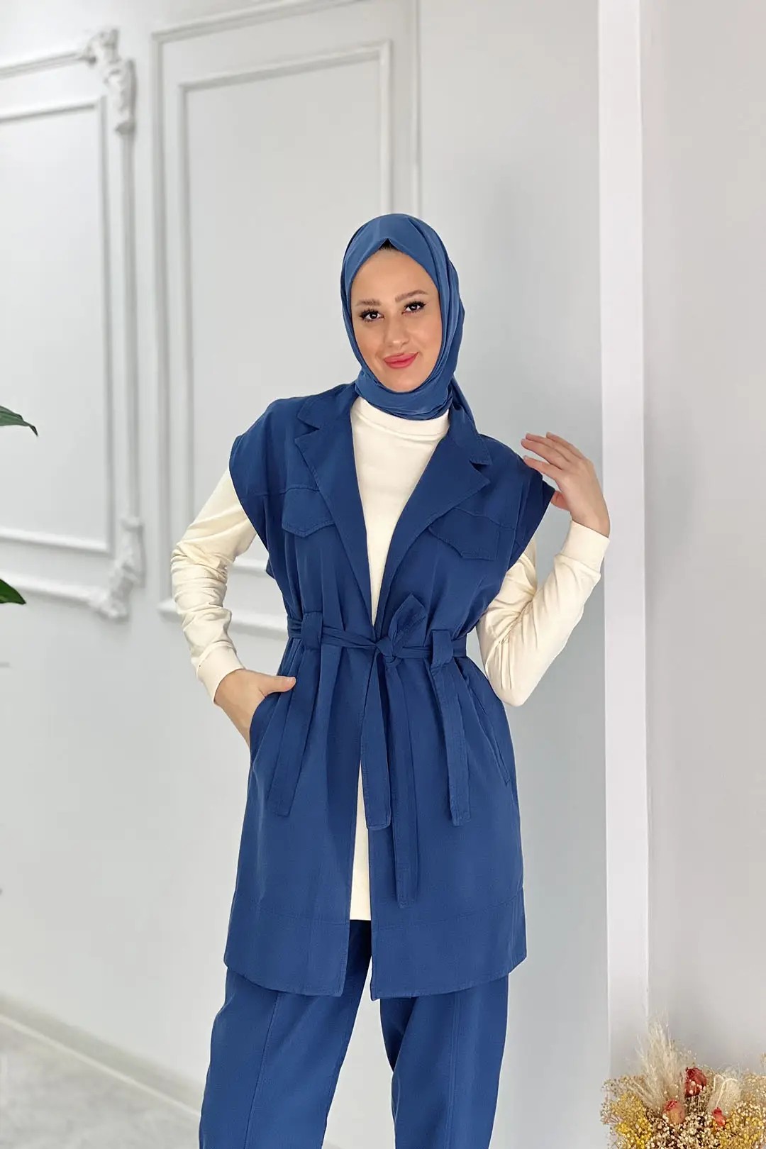 Wholesale Linen Denim Fabric Drawstring Waist Three-Piece Suit