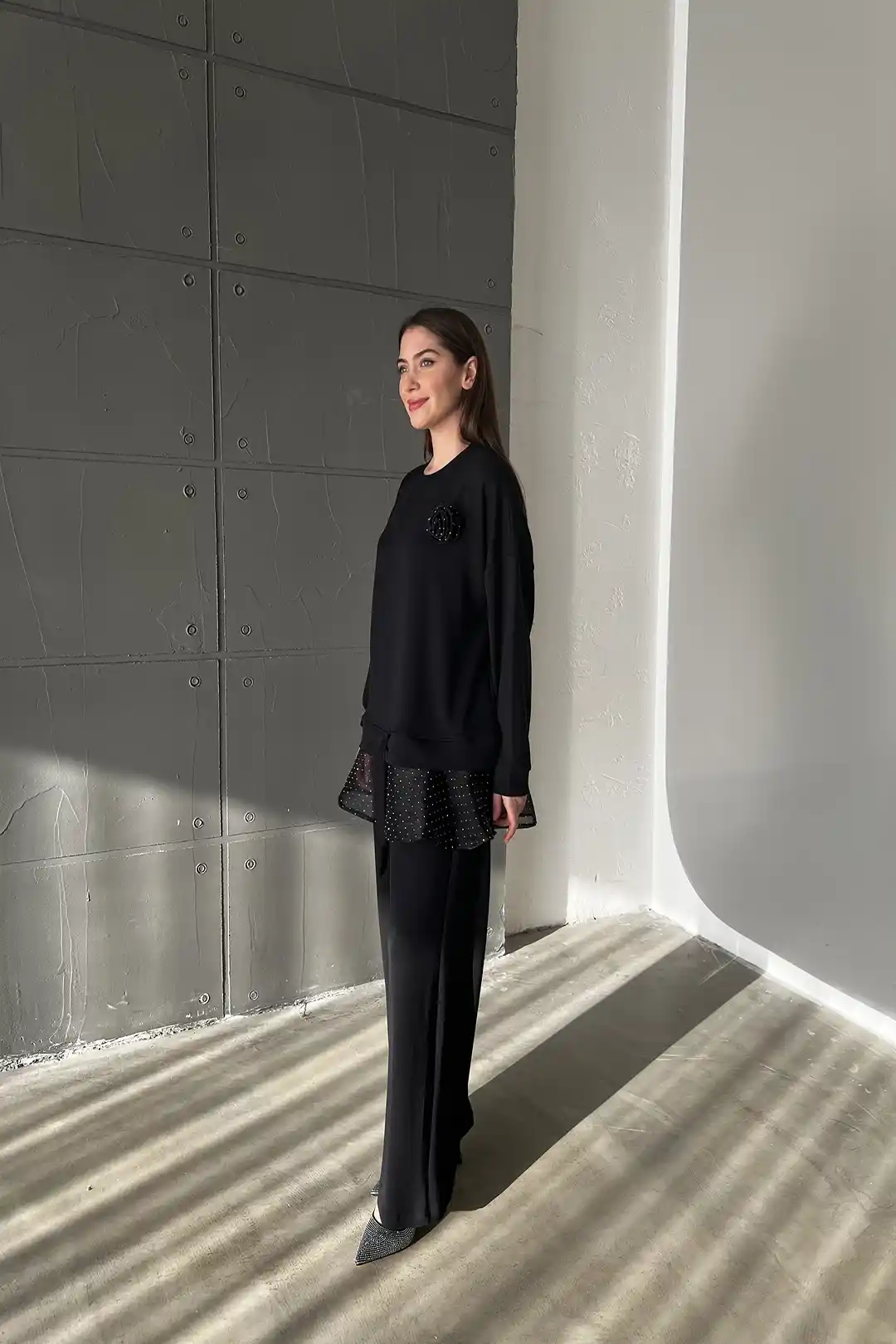 Wholesale Oysho Fabric Rose Detailed Two Piece Suit - 10592 - Black