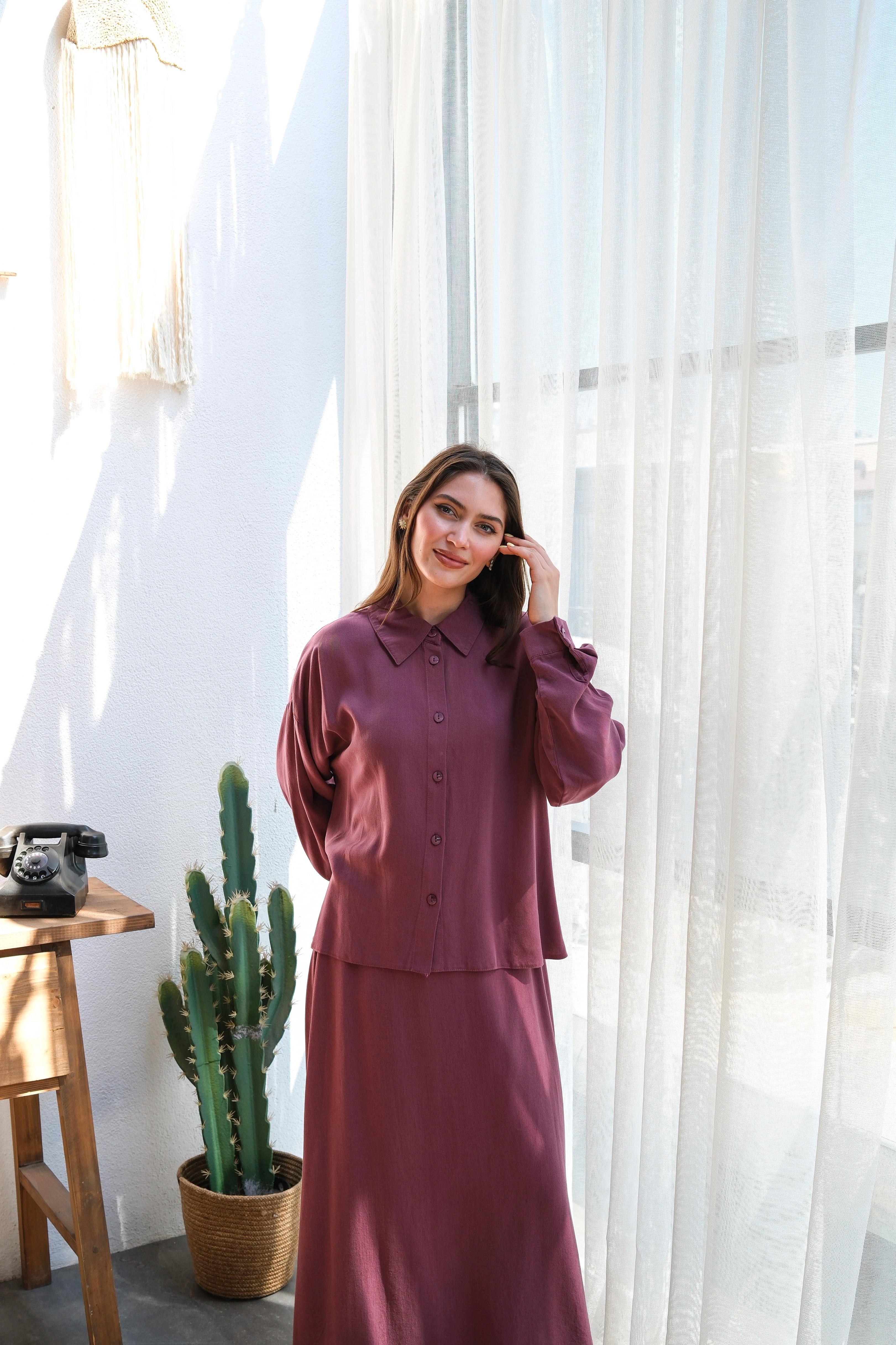 Wholesale Tencel Fabric Buttoned Double Skirt Set - 8219 Product Information - Burgundy