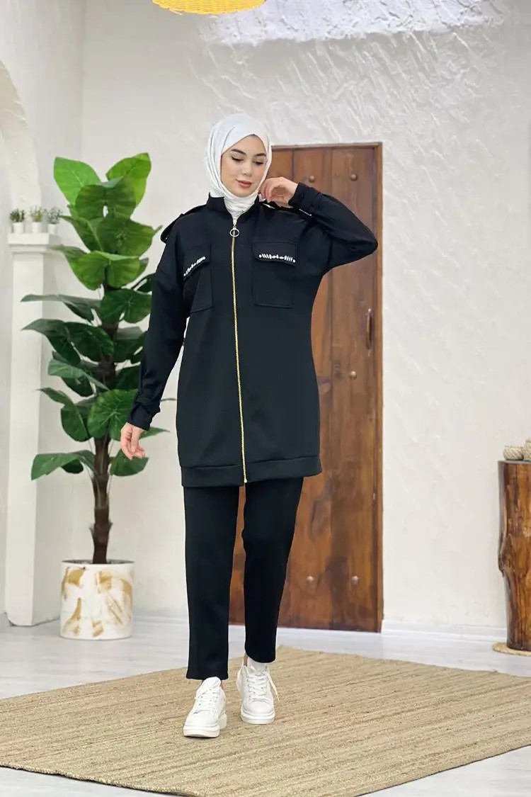 Wholesale Scuba Fabric Zipper Pockets Stoned Two Piece Suit