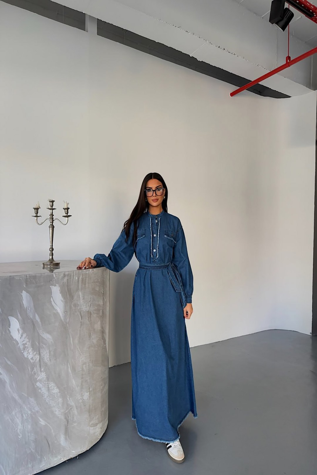 Wholesale Denim Fabric Button Waist Belted Dress - 3731 - Denim