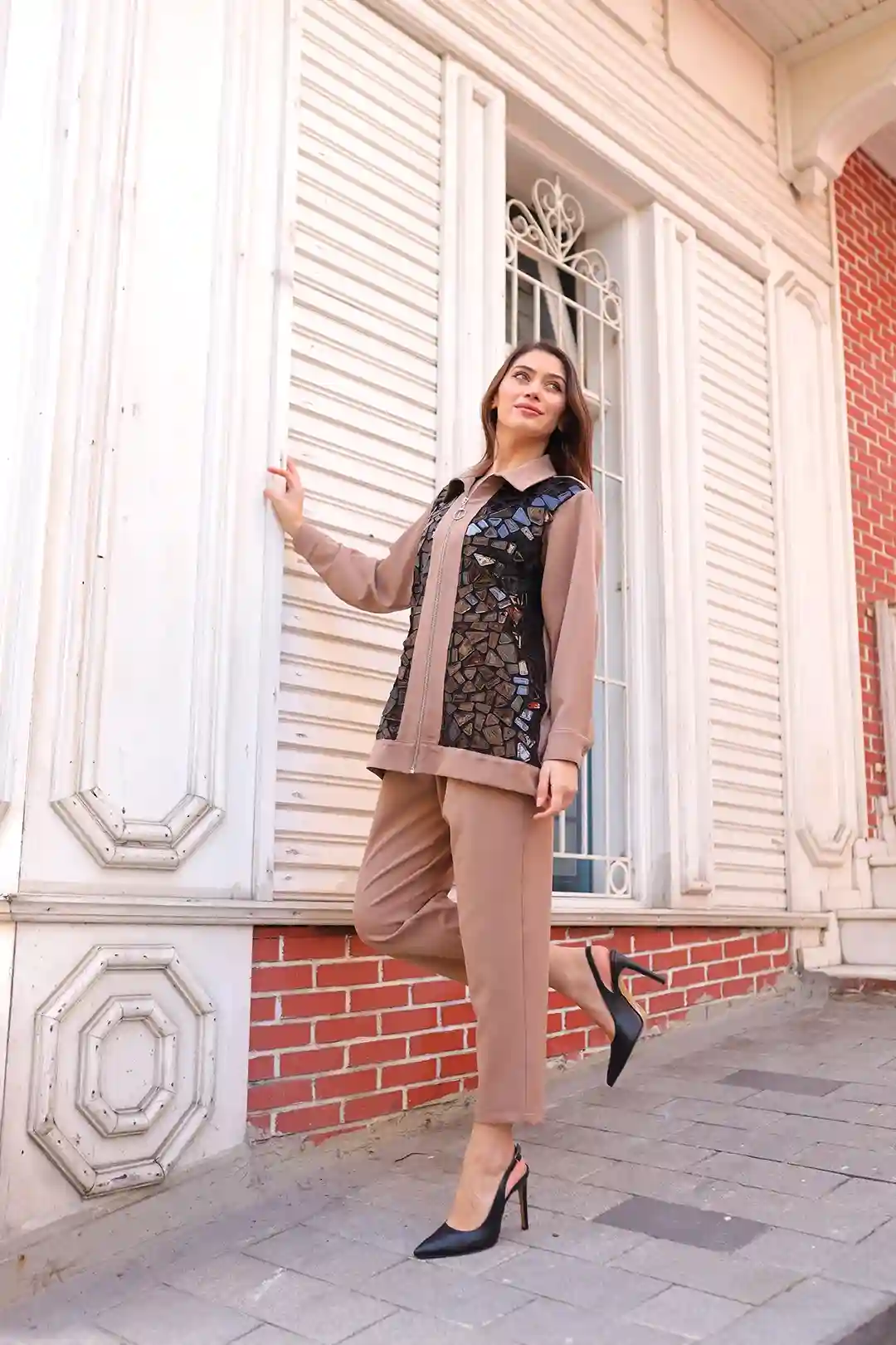 Toptan Krep Kumaş Ceketi Desenli İkili Takım