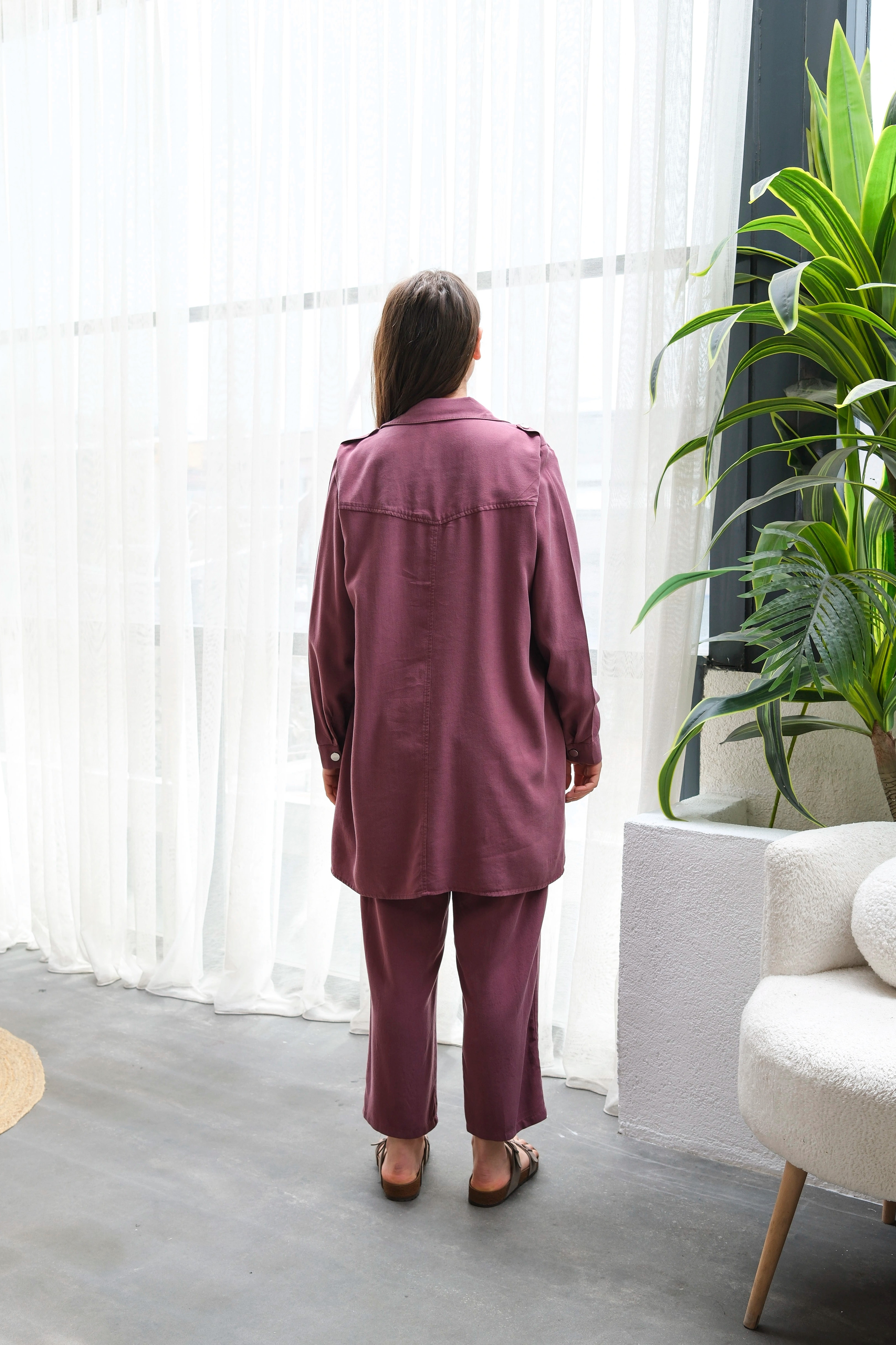 Wholesale Raw Tencel Fabric Pocket Detailed Snap Three-Piece Suit - Burgundy