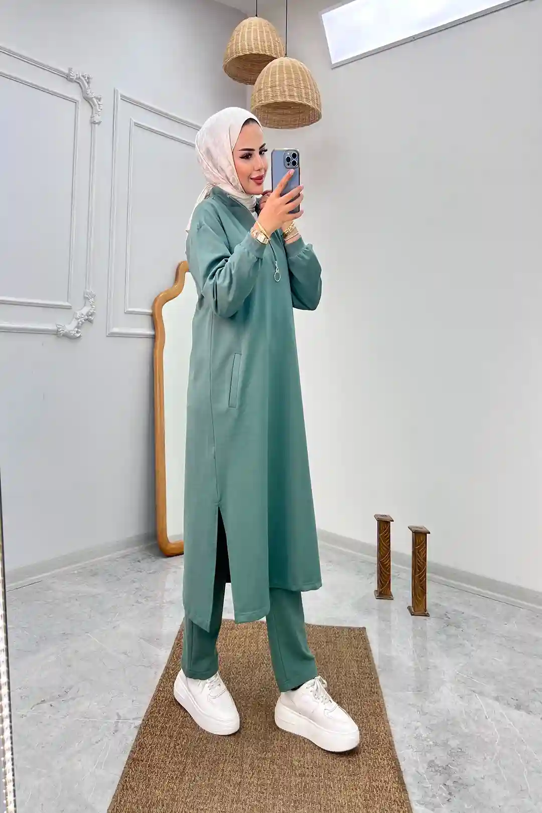 Wholesale Two-Ply Fabric Zippered Collar Pocket Two-Piece Suit - Mint Green