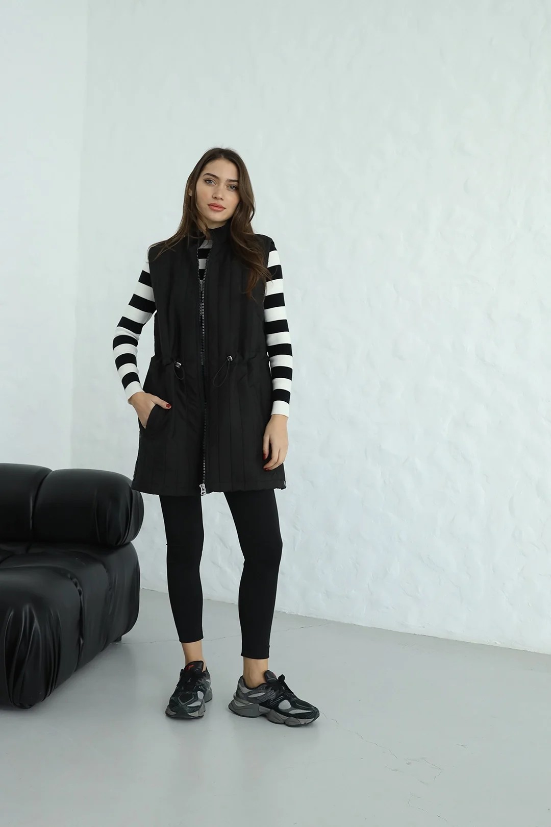 Kapitone Kumaş Premium Beli Büzgülü Uzun Yelek 4110
