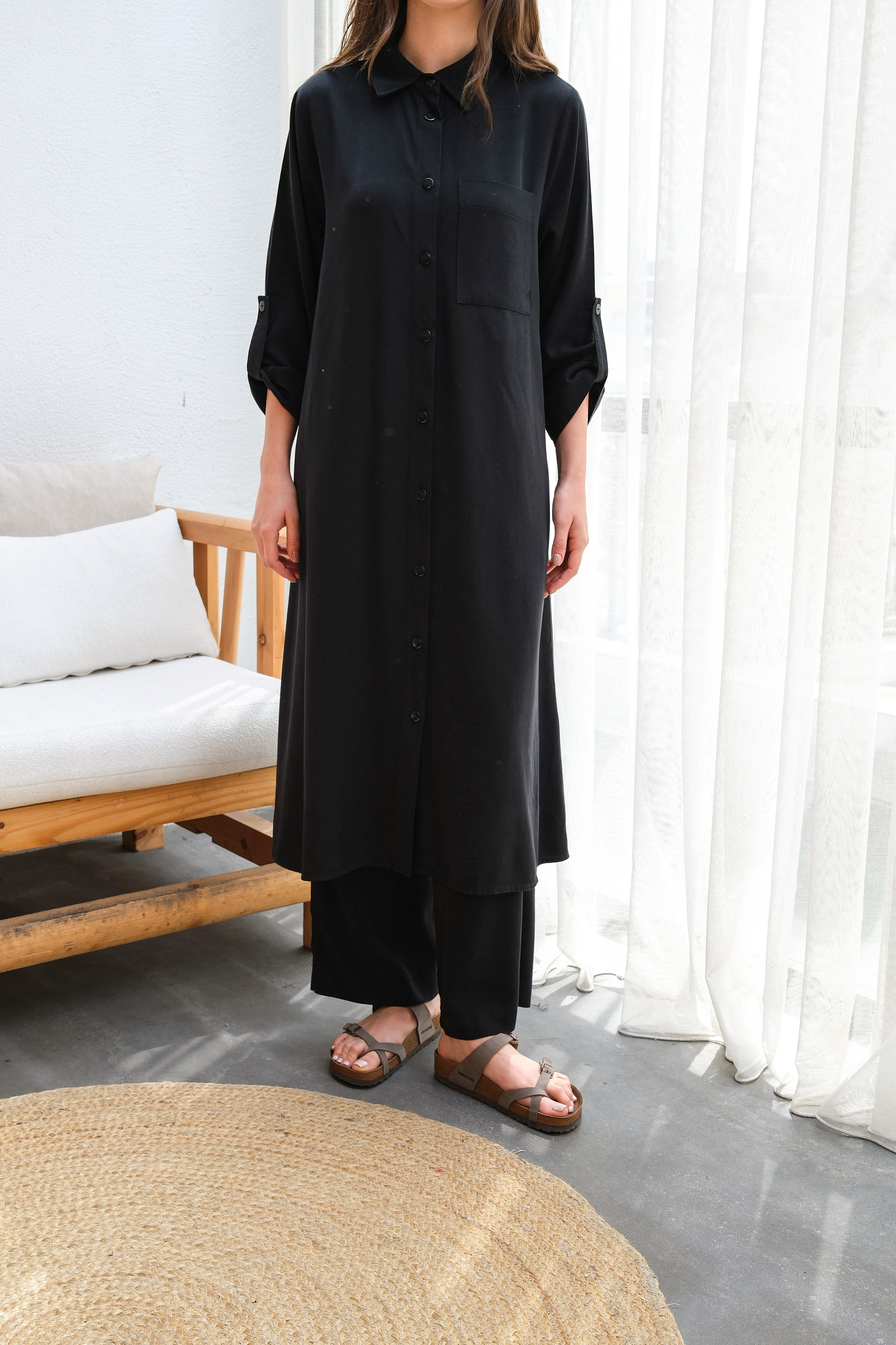 Toptan Tensel Kumaş Tuniği Uzun Düğmeli Battal Beden İkili Takım - SİYAH