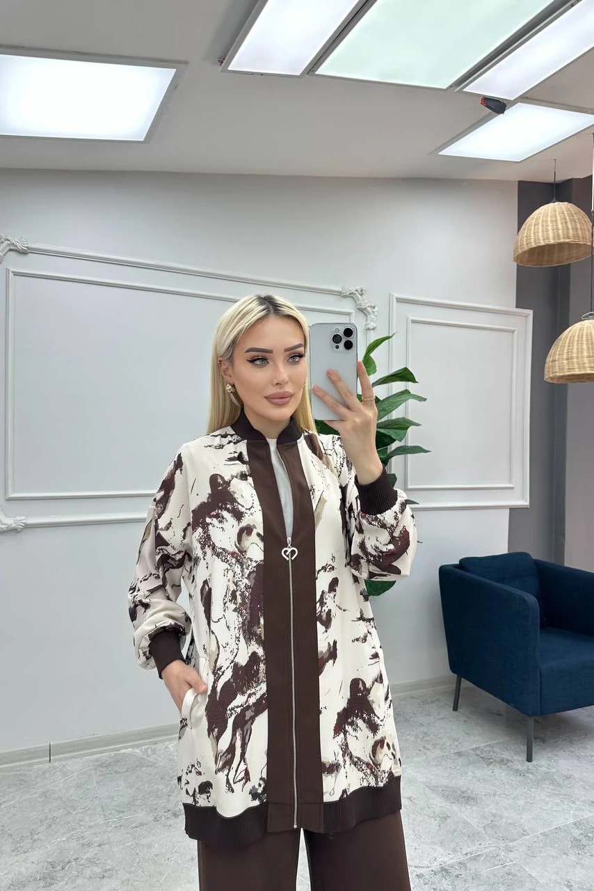 Toptan Linda Kumaş Desenli Ve Boydan Fermuarlı Üçlü Takım - KAHVE