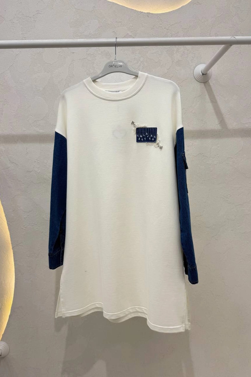 Toptan İki İplik Kumaş Kolları Kot Detaylı Tunik