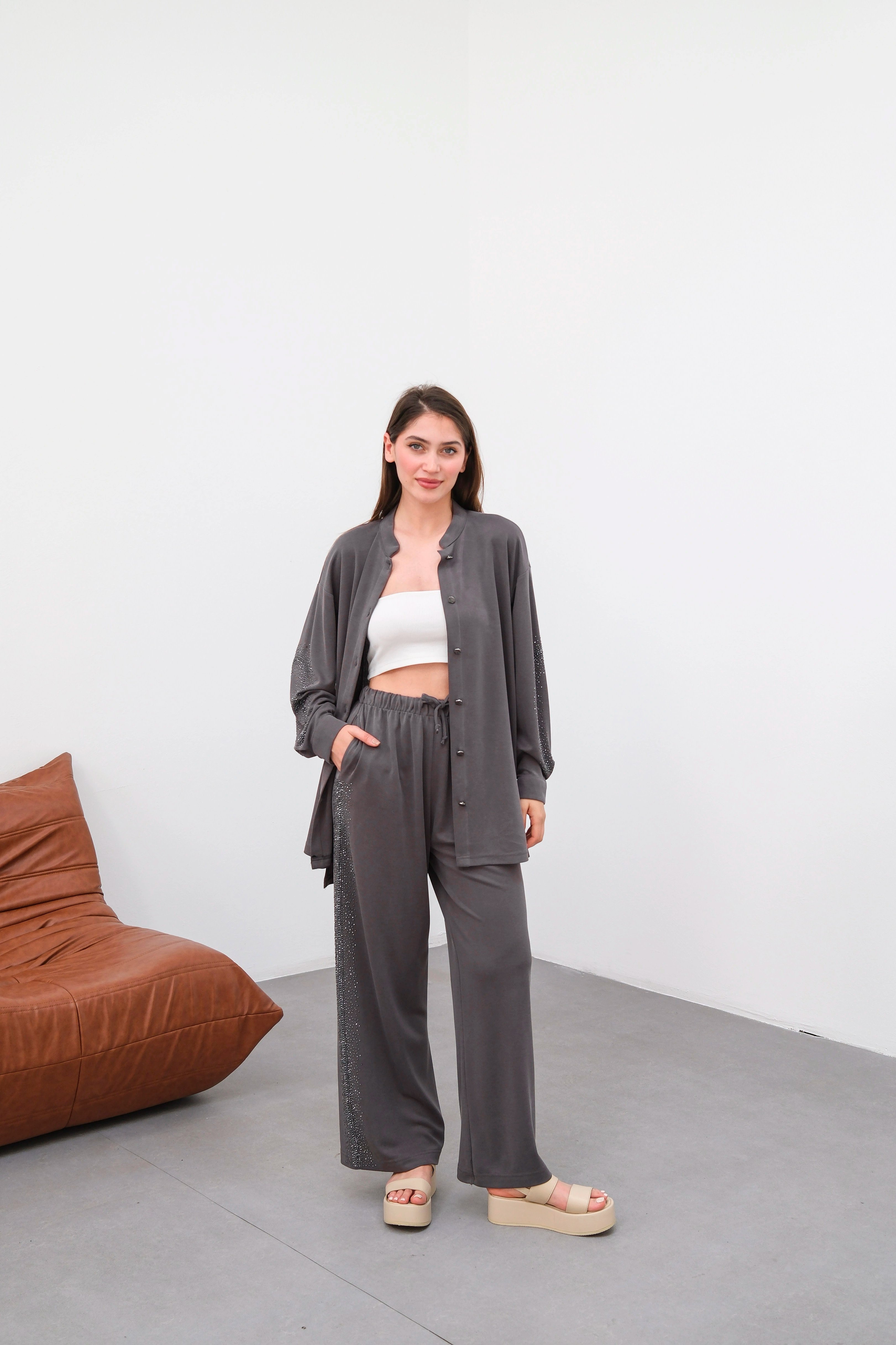 Wholesale Knitted Cupra Fabric Stone Embellished Two Piece Suit - 10657 Product Information - Smoke Gray