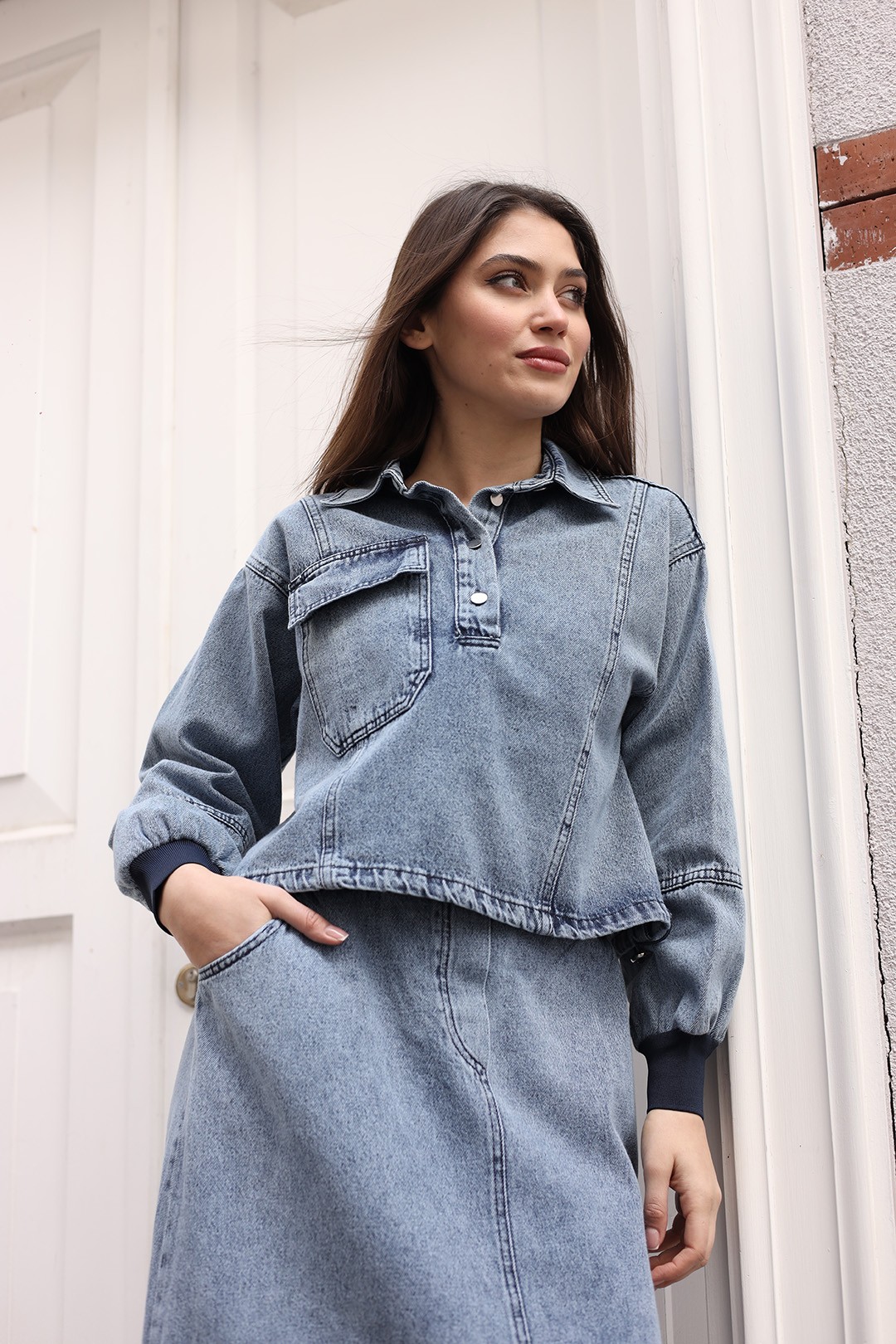 Wholesale Denim Fabric Double Skirt Set - 8201