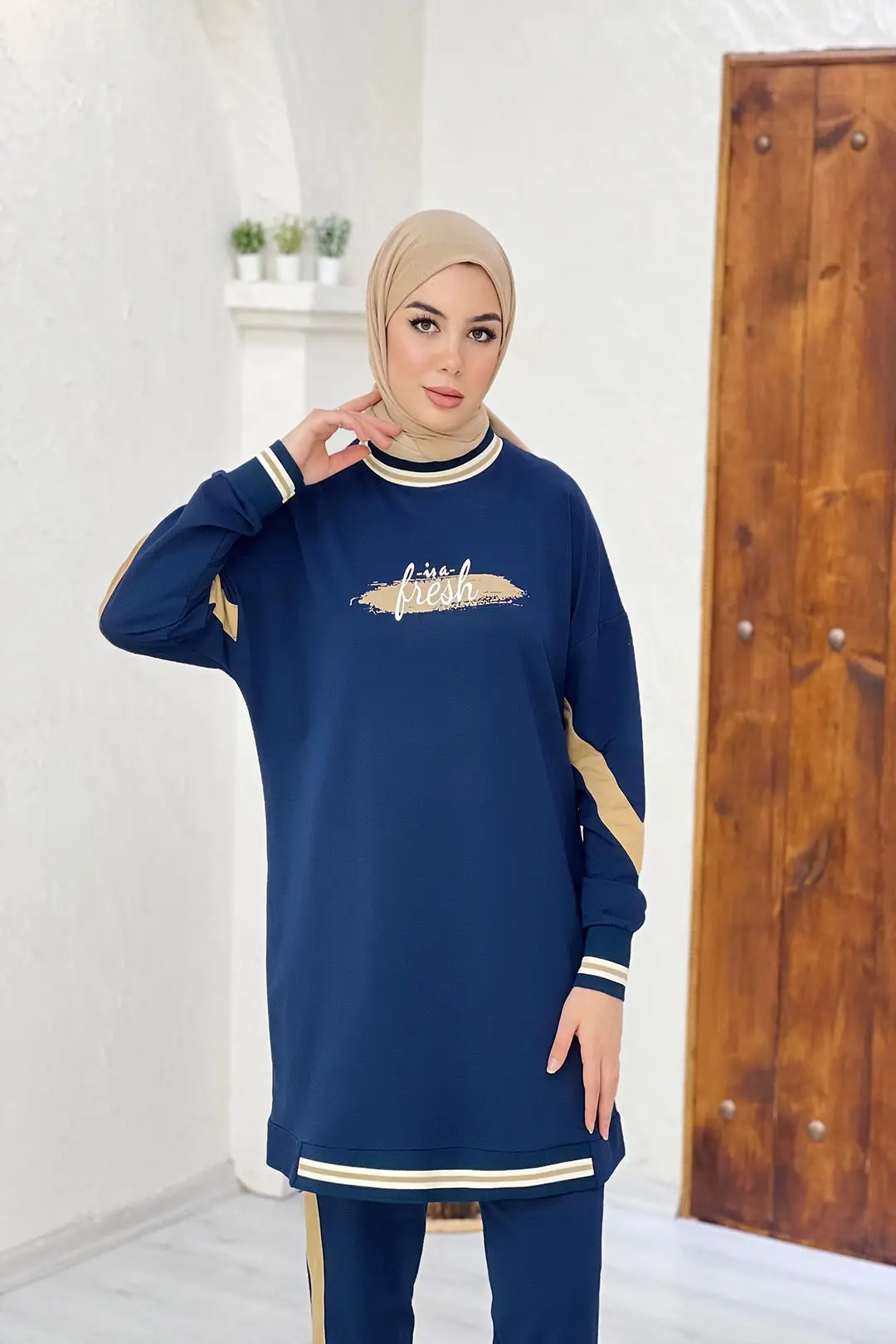 Toptan İki İplik Kumaş Yazı Desenli Ribana Detaylı İkili Takım - LACİVERT