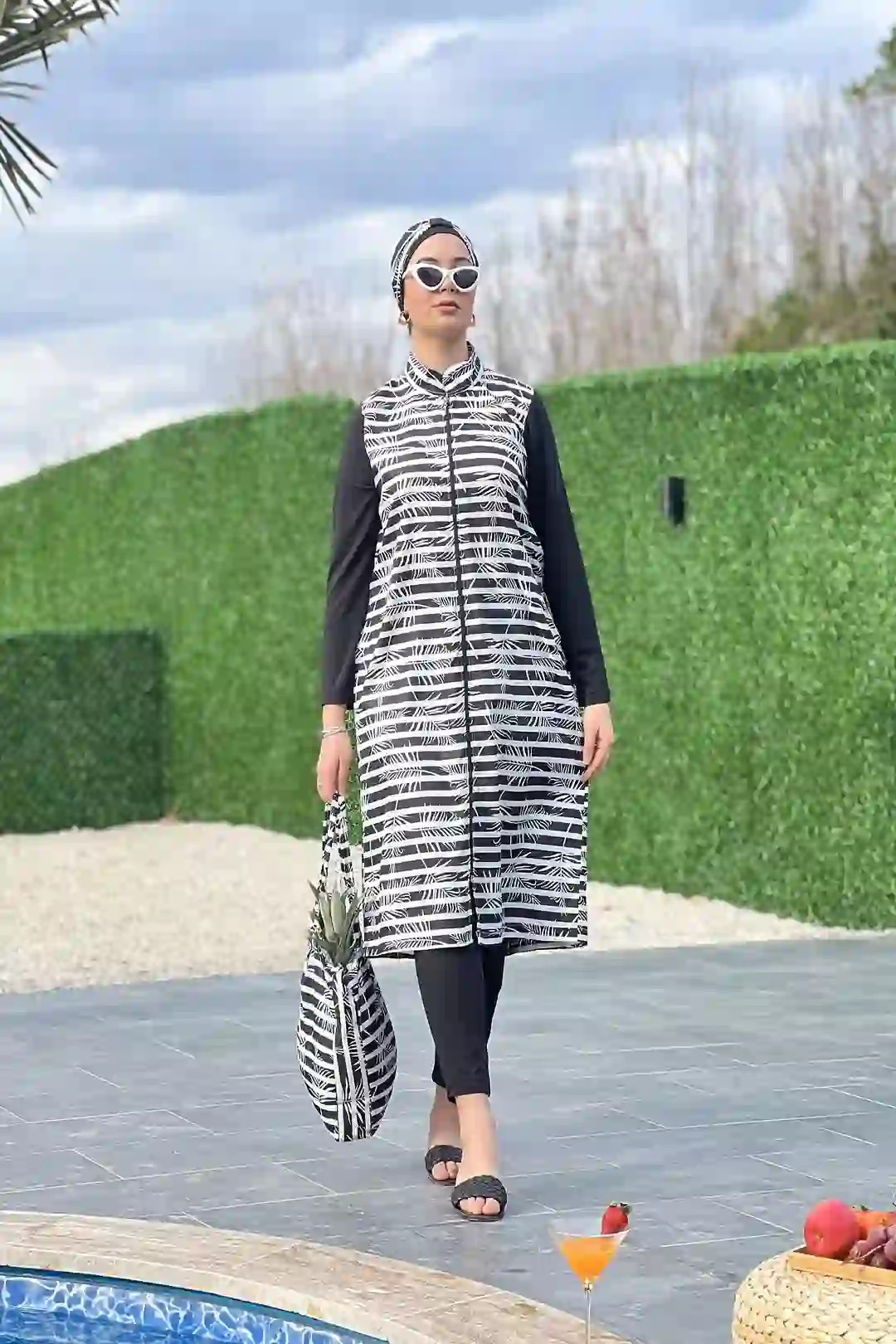 Toptan Polyester Dokuma Palmiye Desenli Boydan Fermuarlı Dörtlü Tesettür Mayo - SİYAH